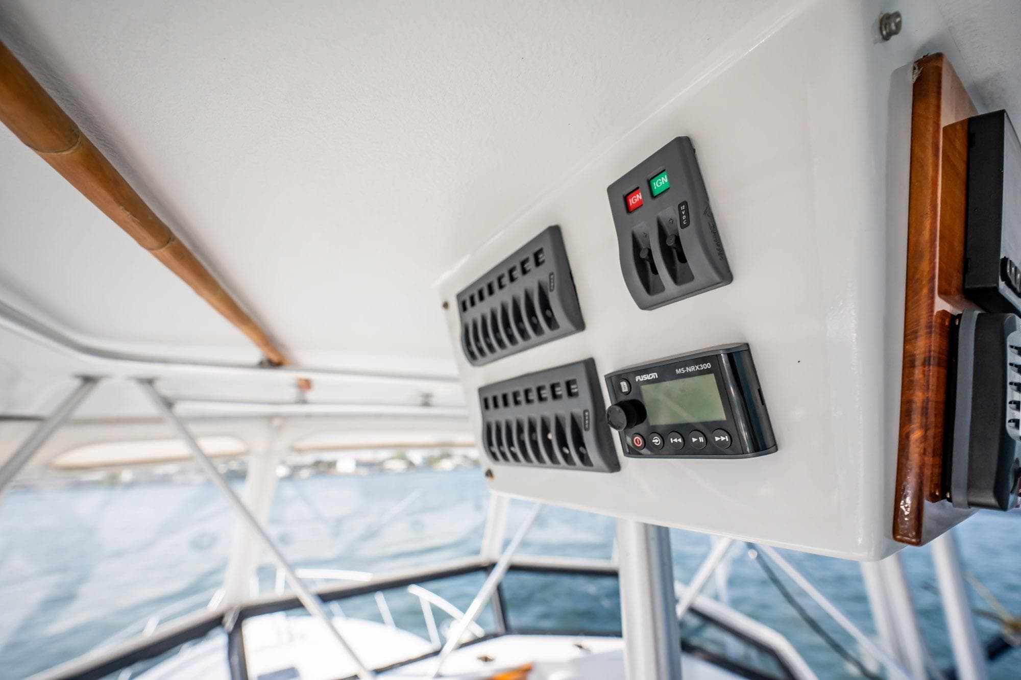 Control panel on a 1991 Jersey 42 Convertible Sportfisherman boat interior.