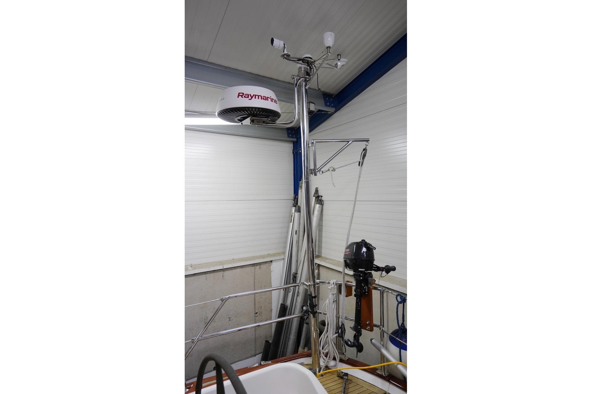 Sailboat equipment in storage, featuring Raymarine radar, Fantasi 44 model, 1998.