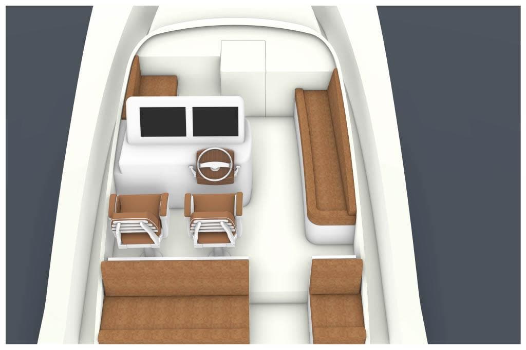 Interior layout of 2025 Mystique Boatworks M48 Custom Carolina with seating and helm.