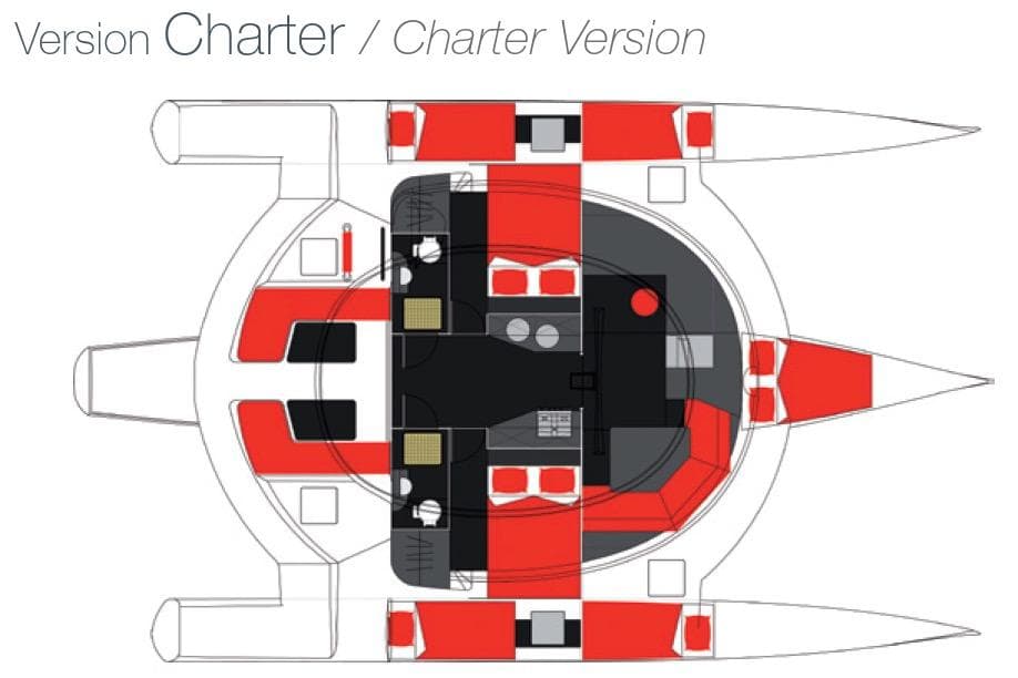 Floor plan of 2019 Neel Trimaran NEEL 45 EVOLUTION, charter version layout.
