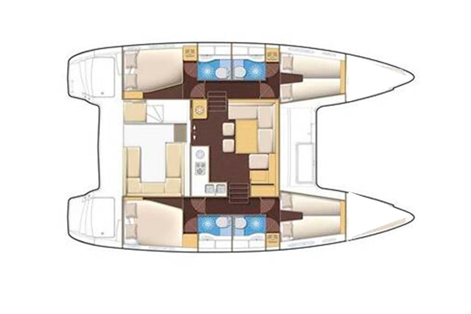Floor plan of a 2014 Lagoon 400 S2 catamaran, featuring cabins and living areas.