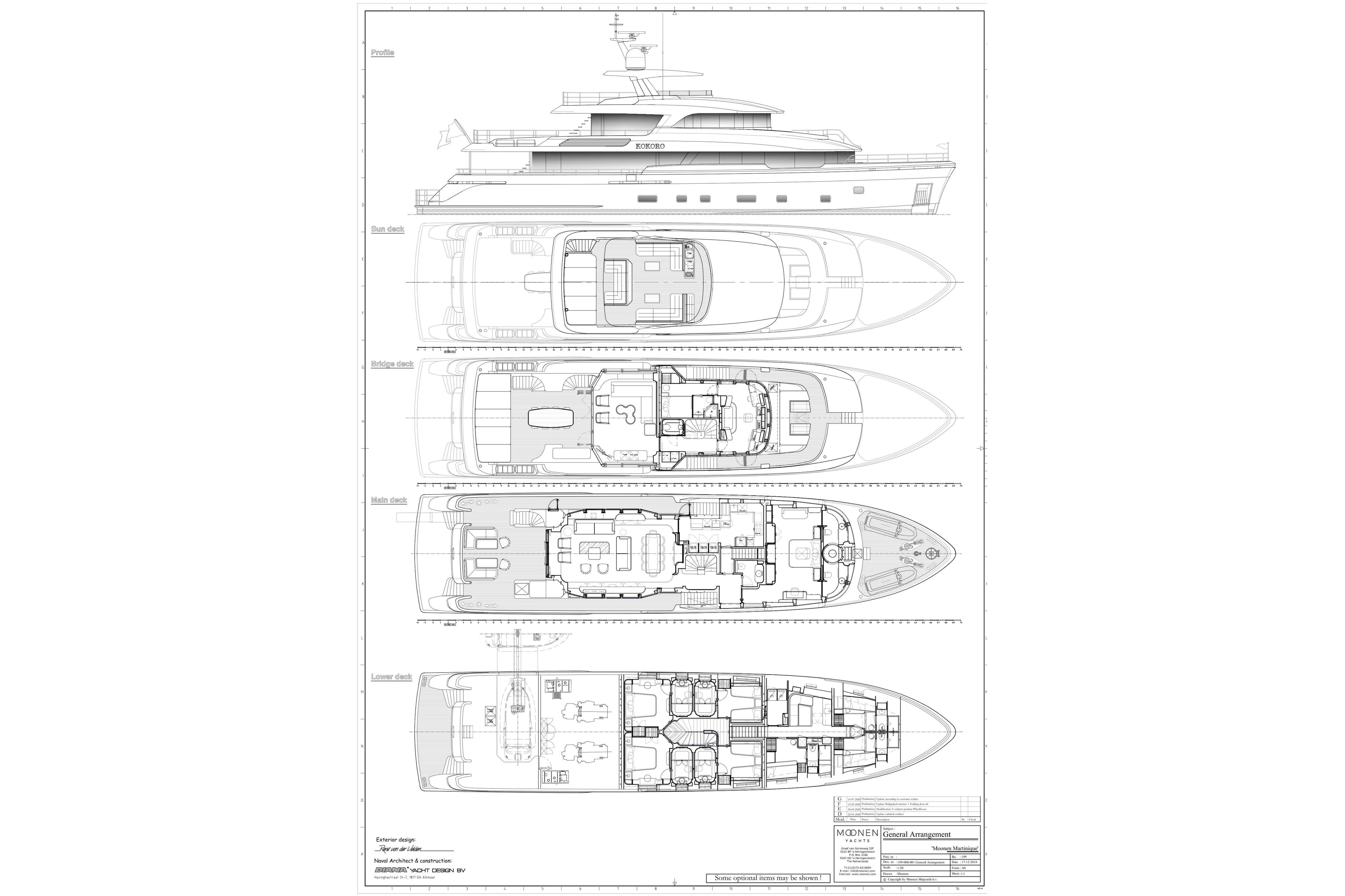 Blueprint of 2020 Moonen Martinique YN1 yacht, showcasing detailed deck layouts and profile view.