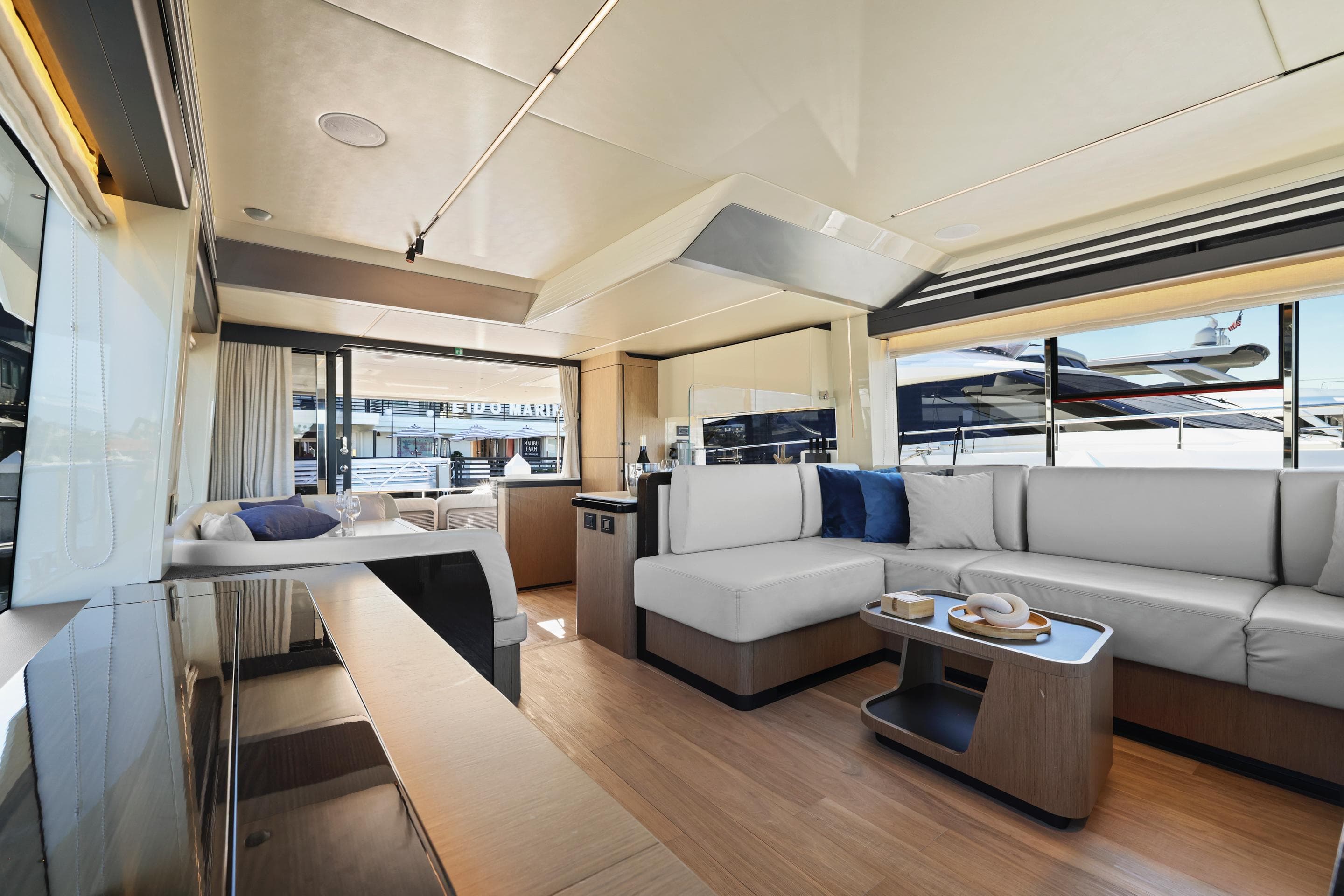 Luxurious interior of the 2024 Absolute 60 Fly yacht with modern furnishings.