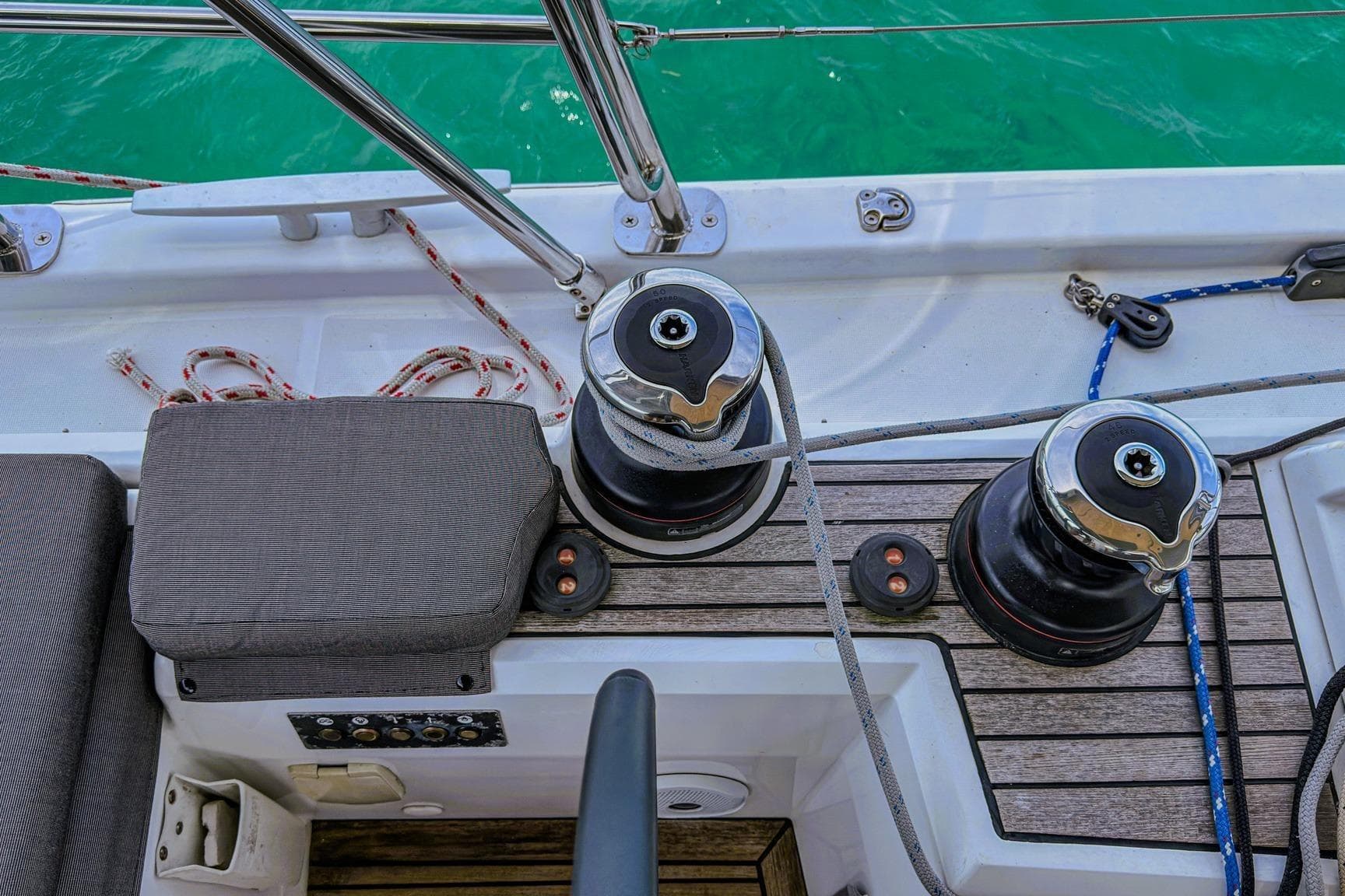 Deck view of 2020 Beneteau Oceanis 46.1 sailboat with winches and ropes.