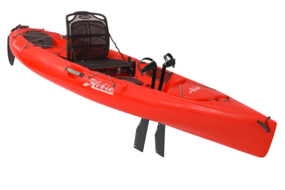 2023 Hobie Revolution 11 kayak in bright red with adjustable seat and pedal drive system.