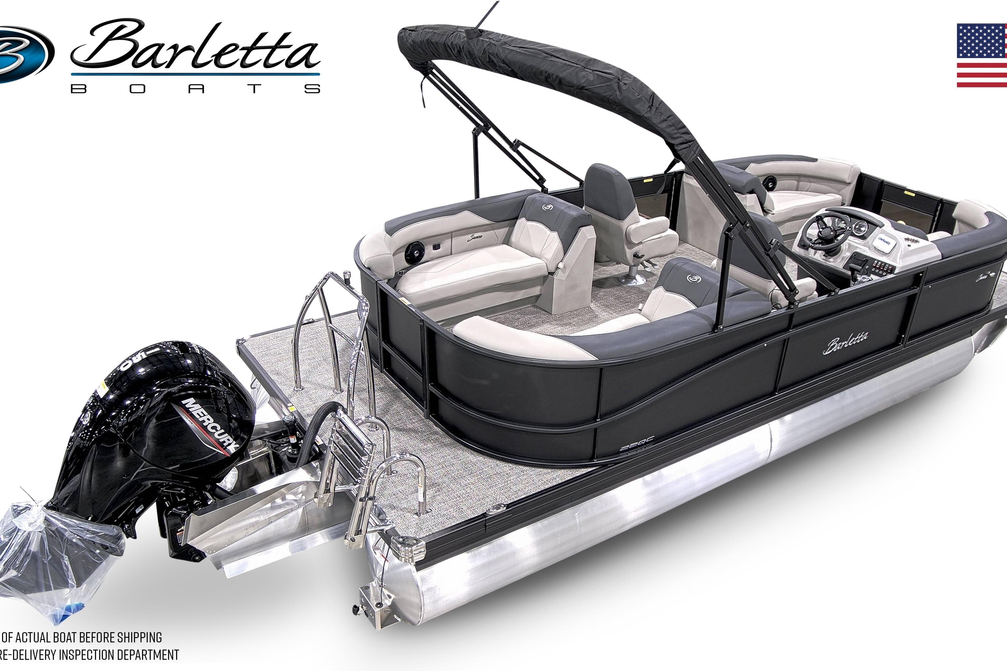 2026 Barletta SANZA 22QC pontoon boat with Mercury engine and sleek black design.