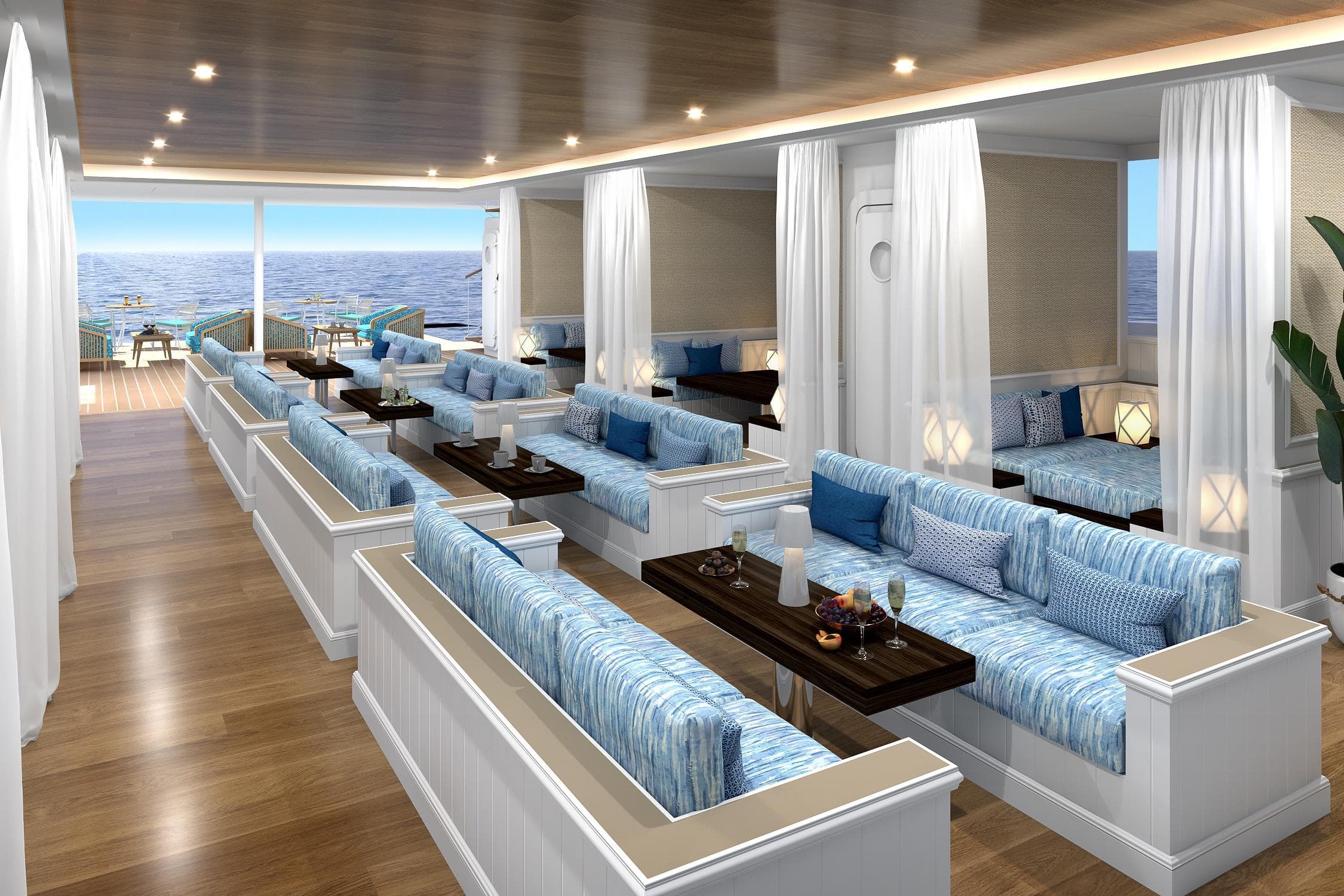 Luxurious interior of Custom Amaranta 85 yacht, featuring elegant seating and ocean views, 2026 model.