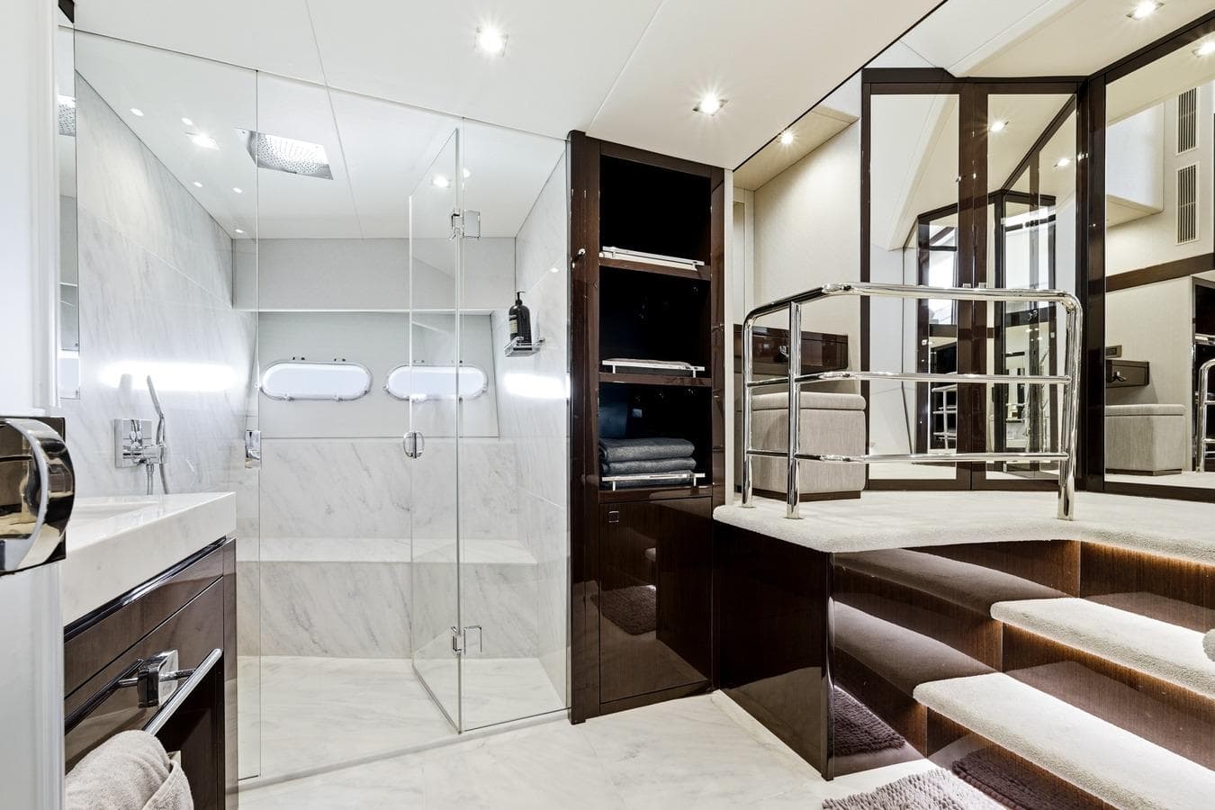 Luxurious bathroom in 2022 Sunseeker Motoryacht with glass shower and elegant design.