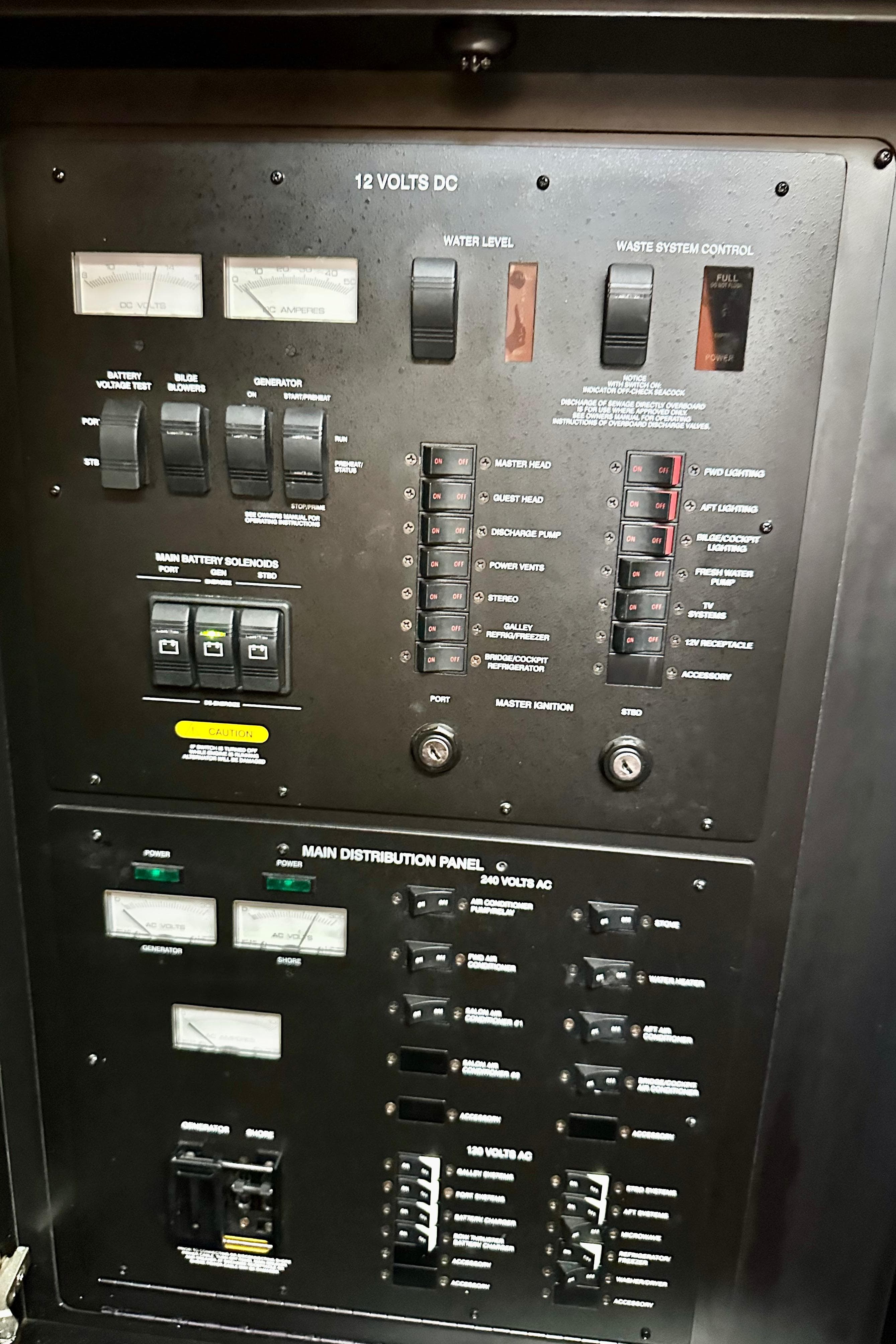 Electrical control panel of a 2005 Sea Ray 48 Sundancer yacht.