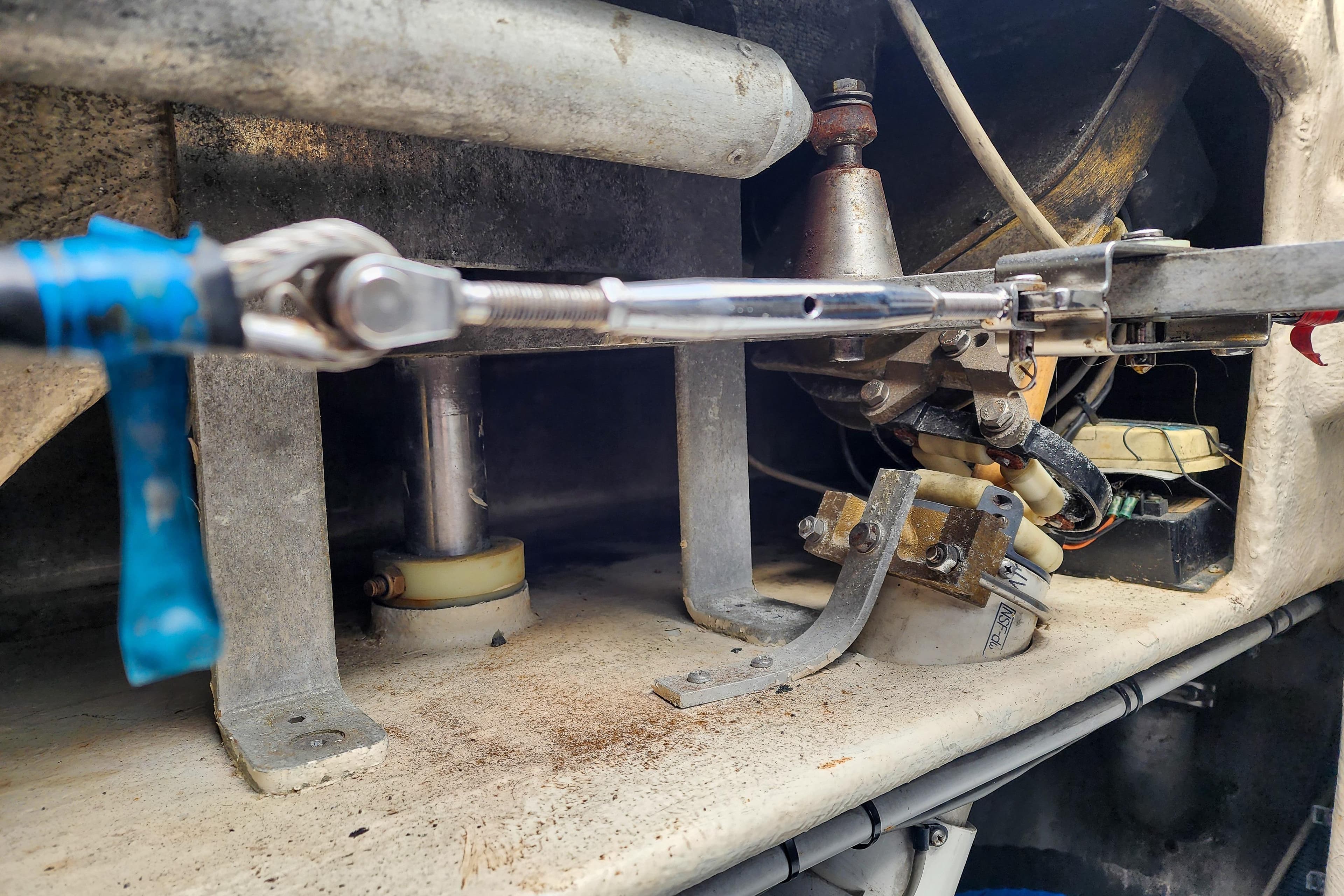 Mechanical components inside a 2001 Privilege 435 yacht, showcasing intricate engineering details.