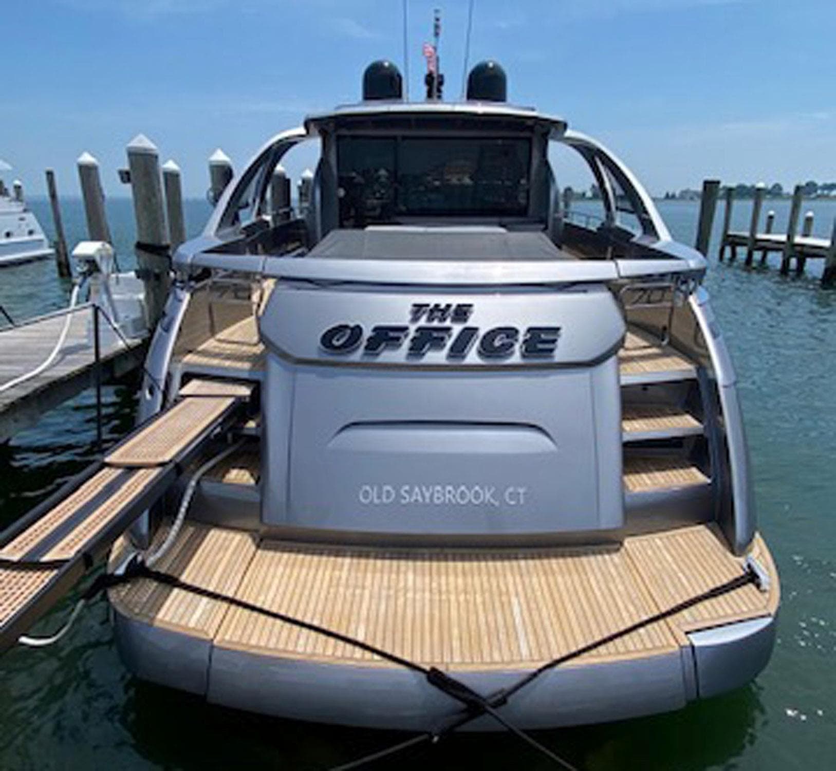 Luxury 2016 Pershing 70 yacht named "The Office" docked in Old Saybrook, CT.