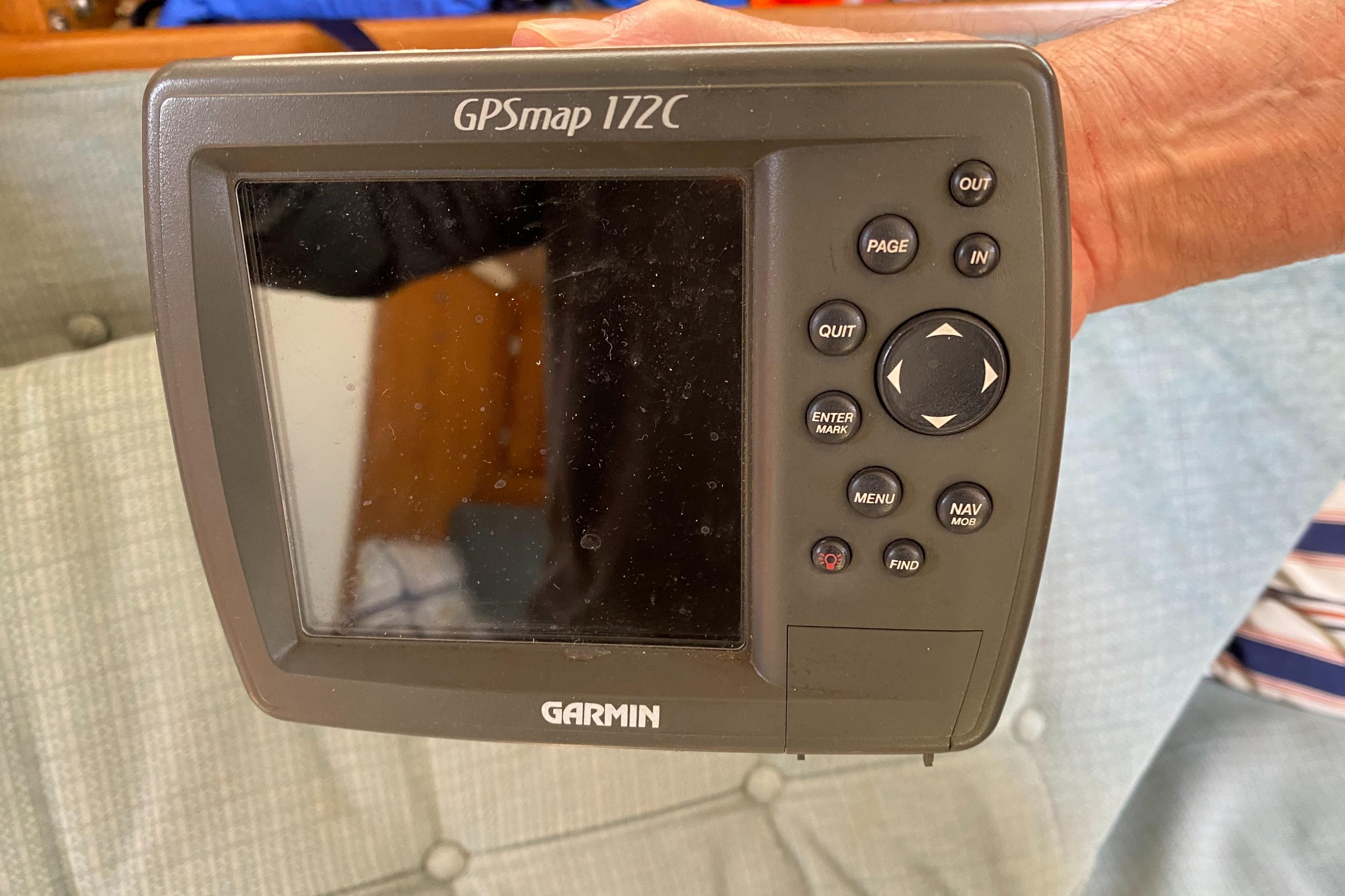 Garmin GPSmap 172C device held, associated with a 1992 Catalina 30 MkII sailboat.
