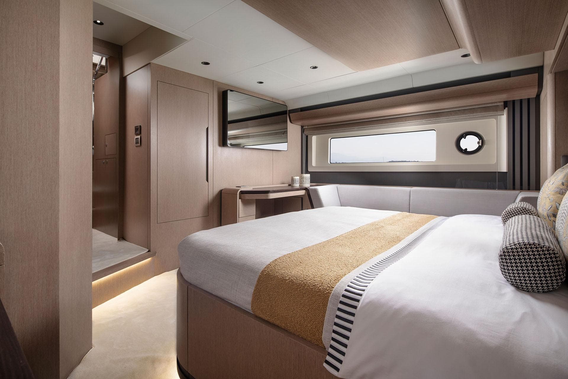 Luxurious interior of 2025 Sirena 48 yacht with modern bedroom design.