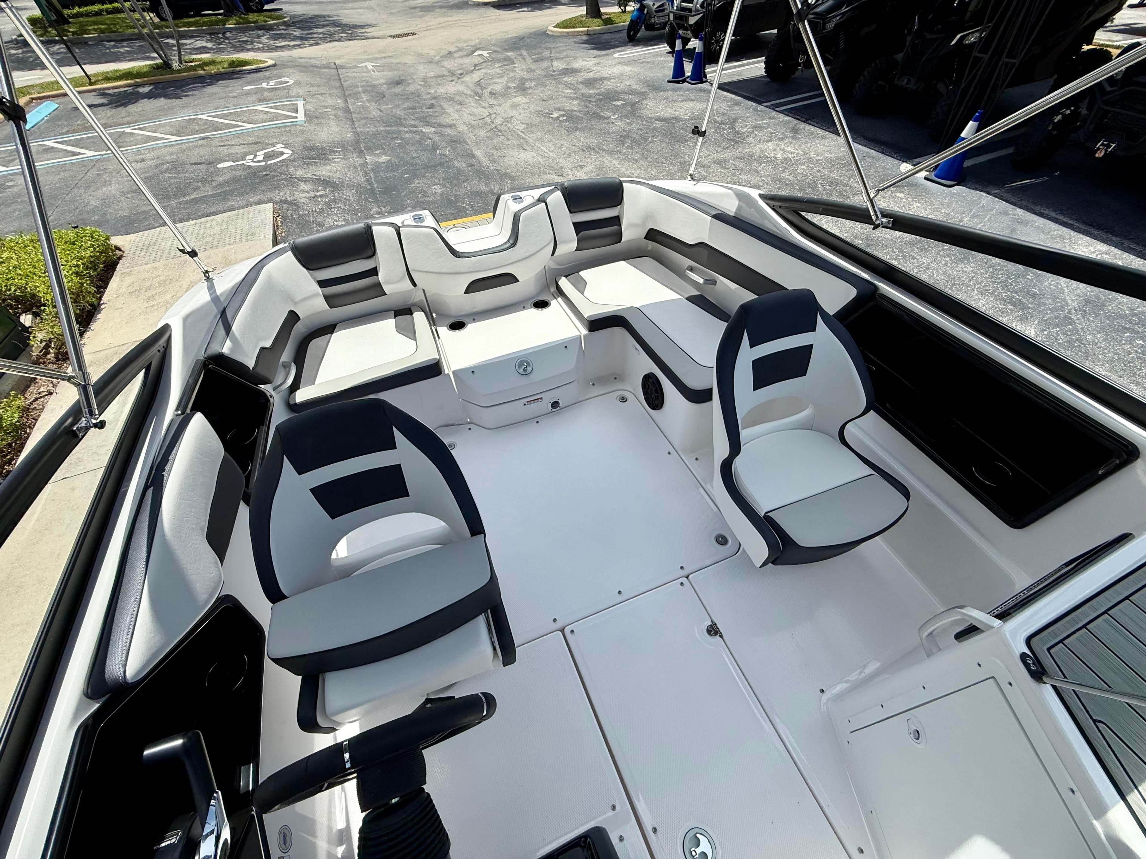 2025 Yamaha Boats SX195 interior with modern seating and spacious layout.
