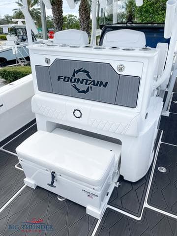 2023 Fountain 34 TE boat interior with seating and storage.