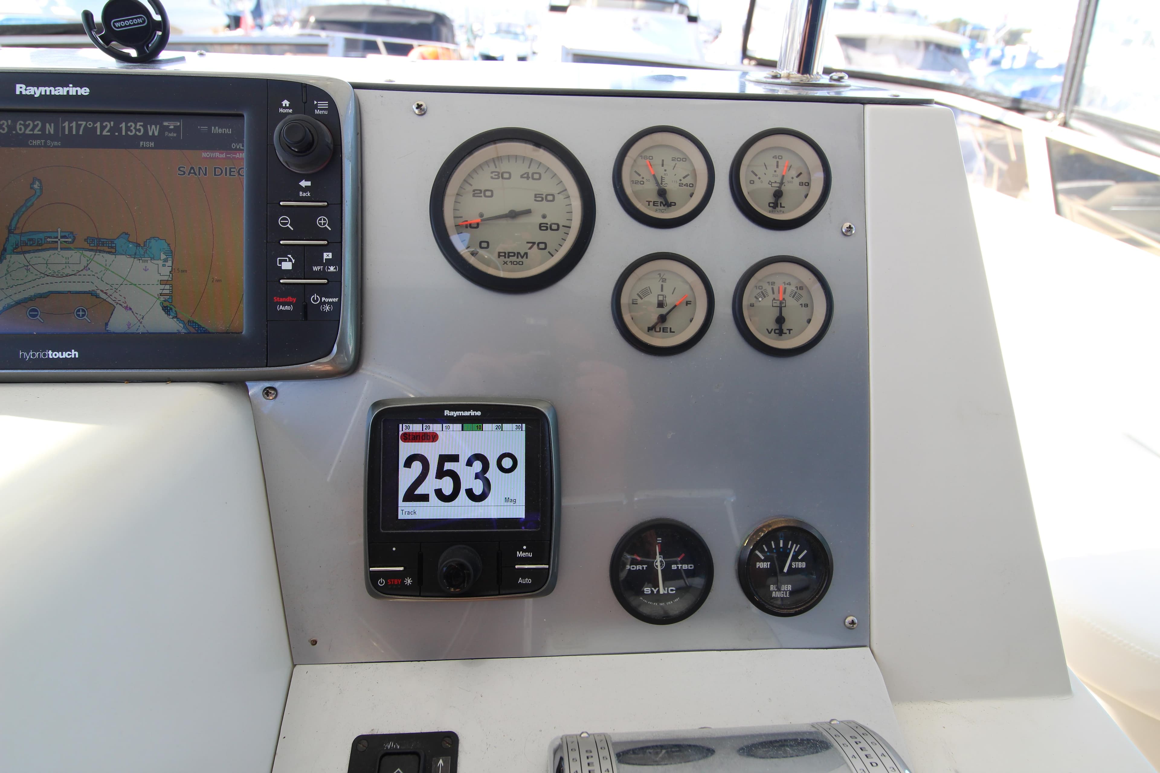 Control panel of a 1990 Carver 3467 Santego boat with navigation instruments.