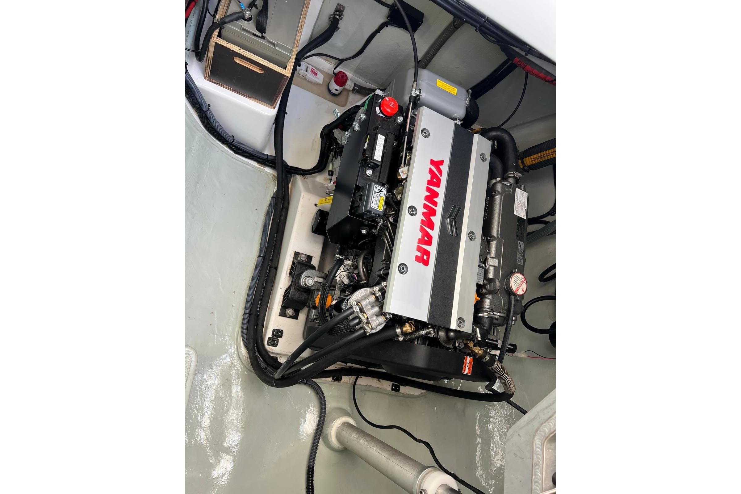 Engine compartment of a 2018 Leopard 45 catamaran featuring a Yanmar engine.