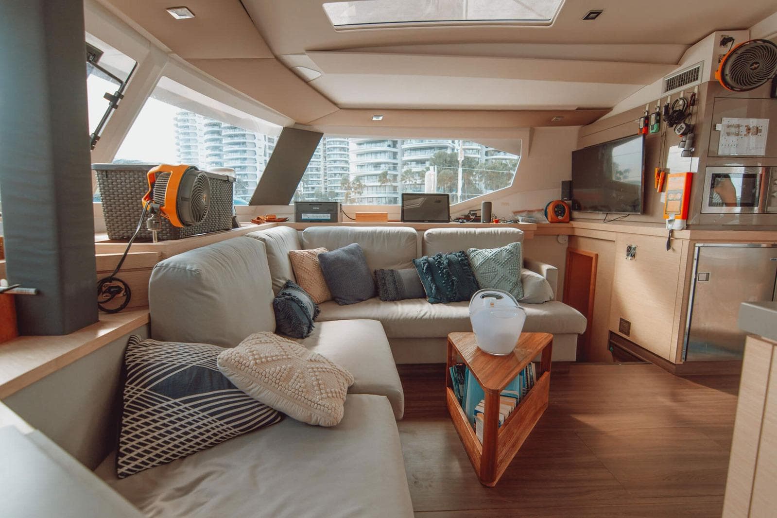 Luxurious interior of 2018 Fountaine Pajot Saona 47 catamaran with modern furnishings and decor.