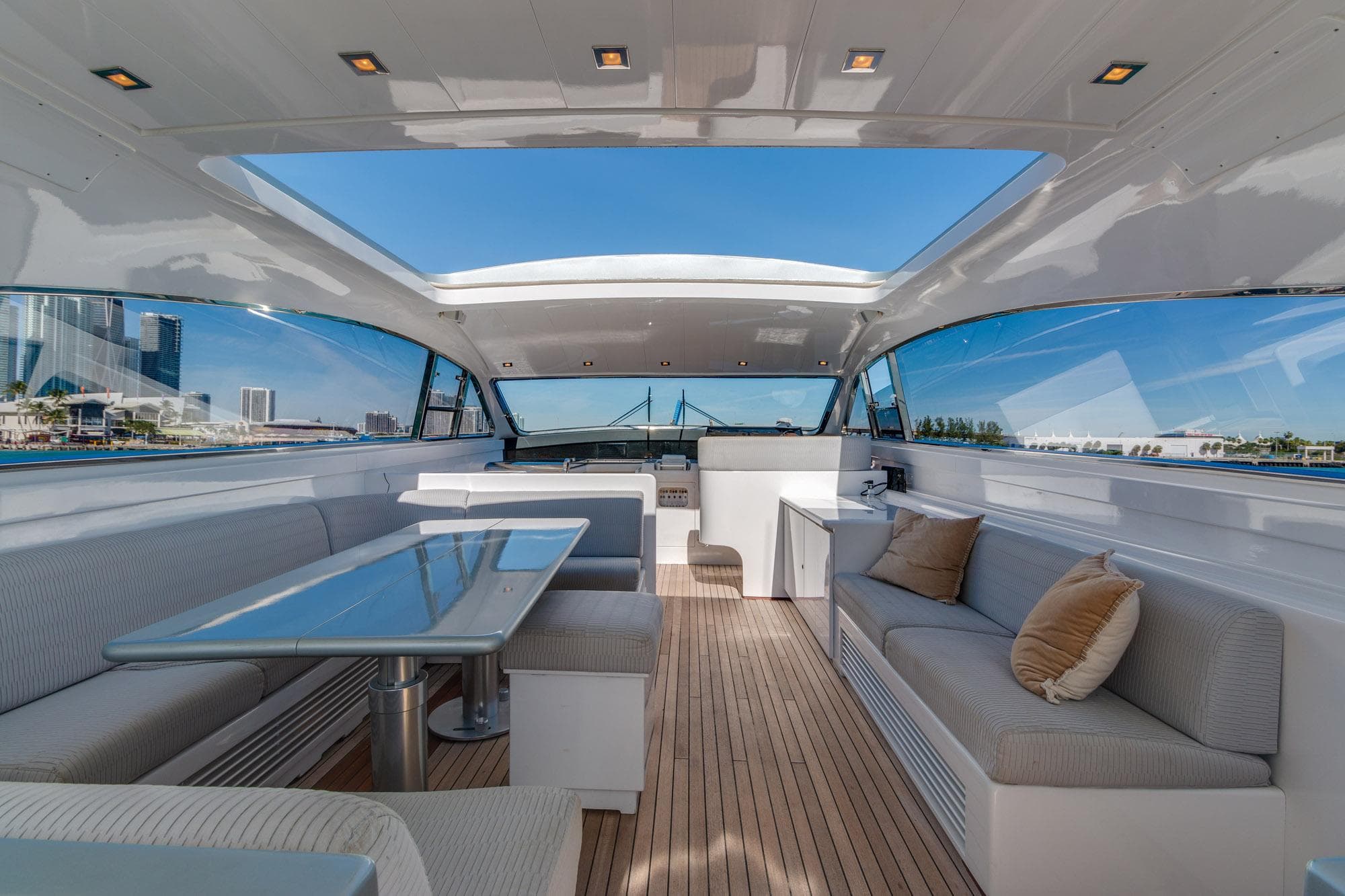 Luxurious 2007 Leopard Express Motor Yacht interior with spacious seating and elegant design.