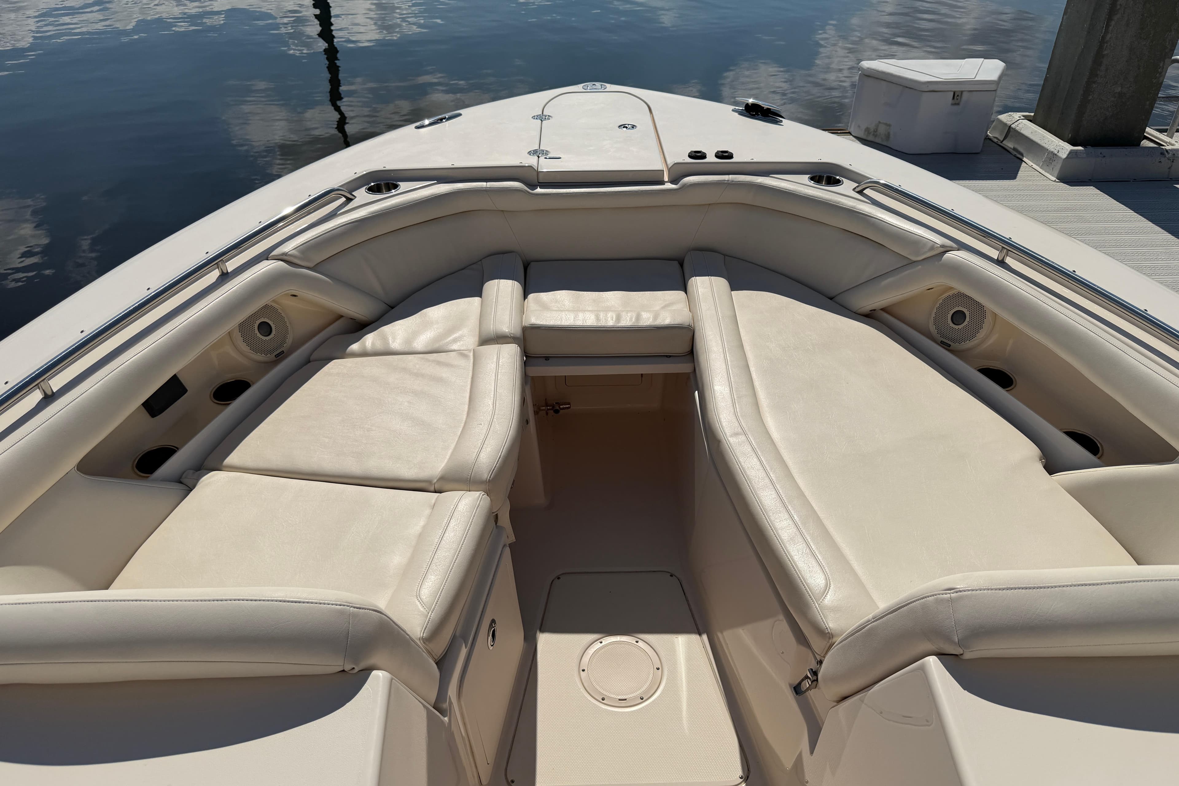 2017 Grady-White Freedom 335 boat interior with cushioned seating and sleek design.