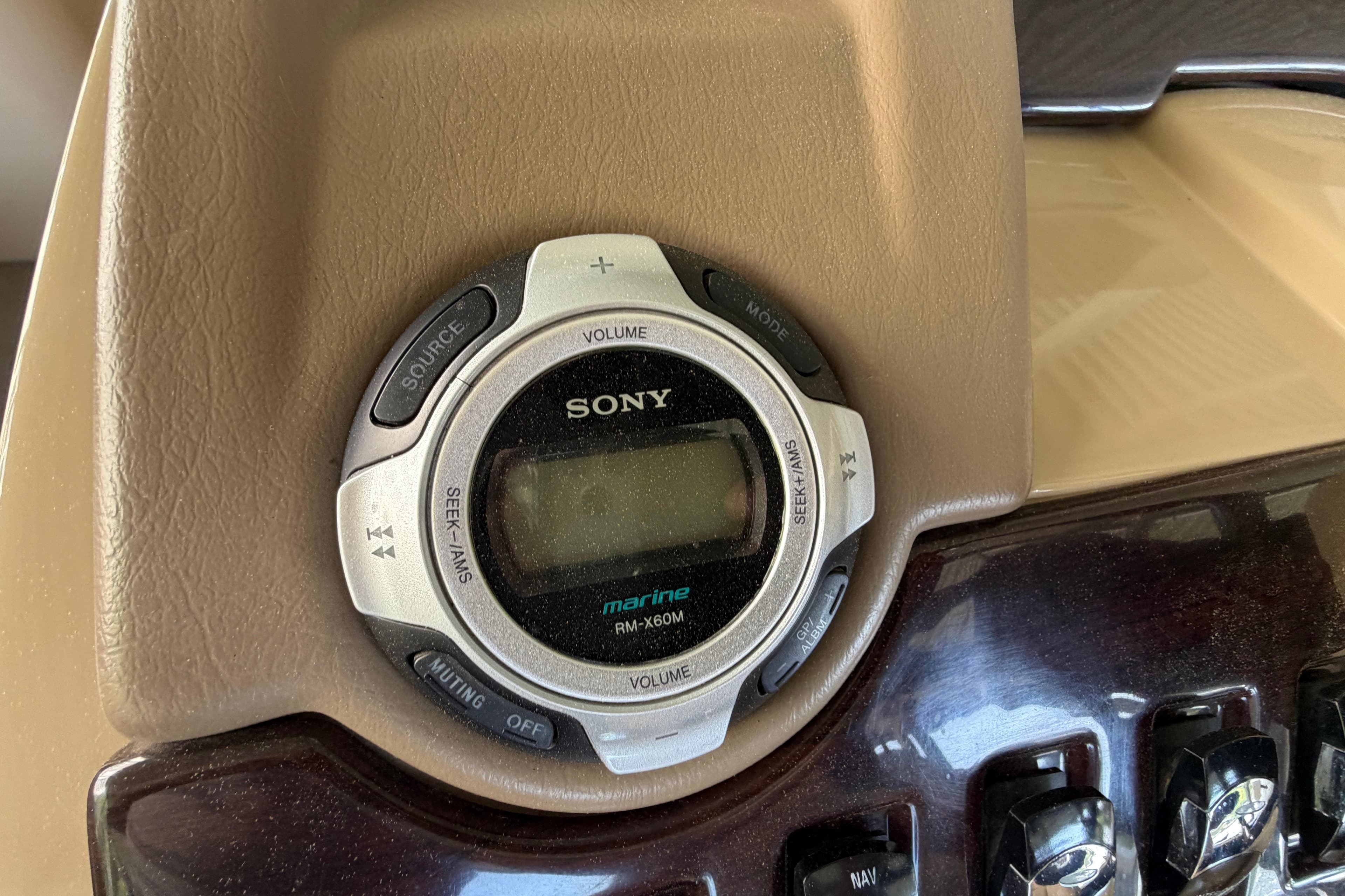 Sony marine audio control on 2011 Bennington 2575QCW OB boat dashboard.