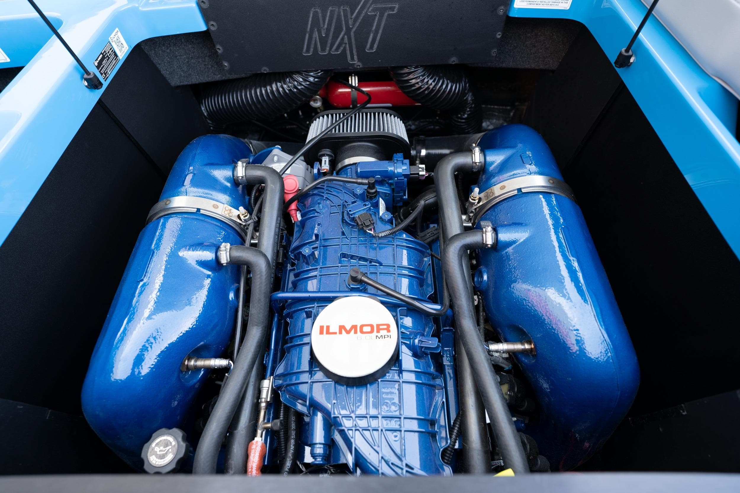 Engine compartment of 2022 MasterCraft NXT24 with Ilmor MPI engine.