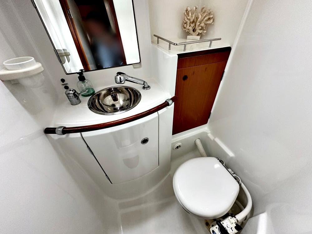 Compact bathroom in a 1996 Beneteau 50 yacht, featuring a sink and toilet.