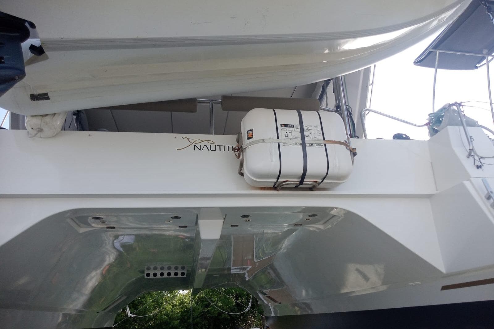 2021 Nautitech 46 Open catamaran with safety equipment on deck.