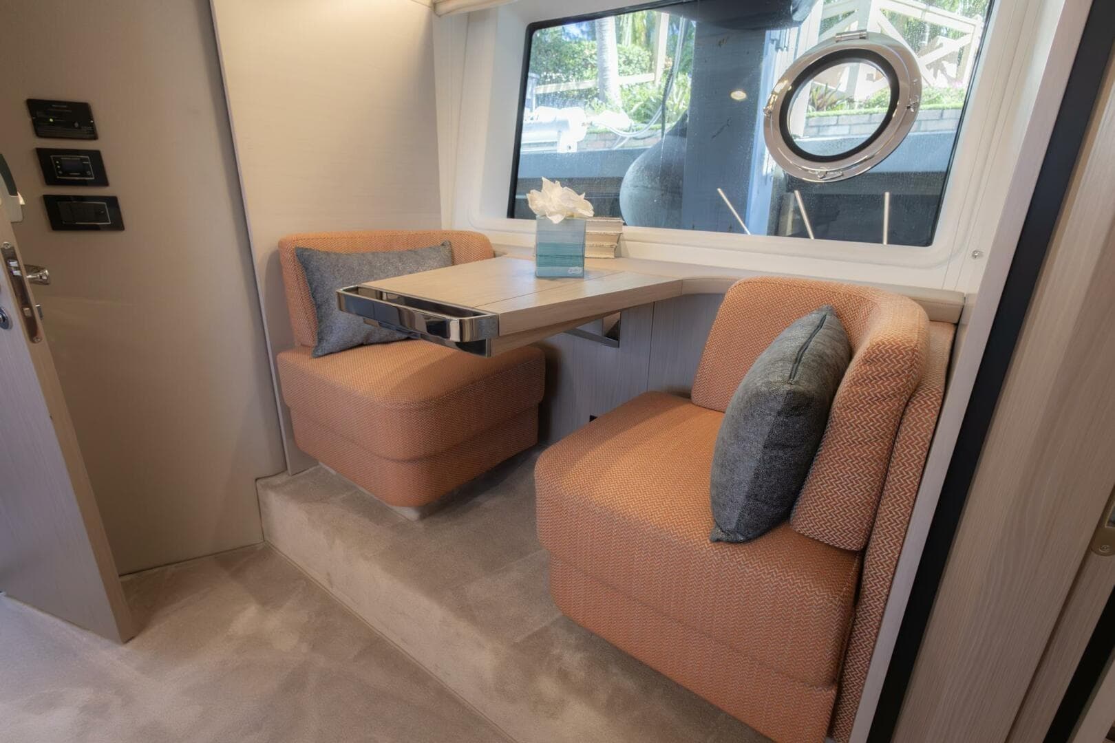 Luxurious interior seating area on 2021 Azimut Fly 72 yacht.