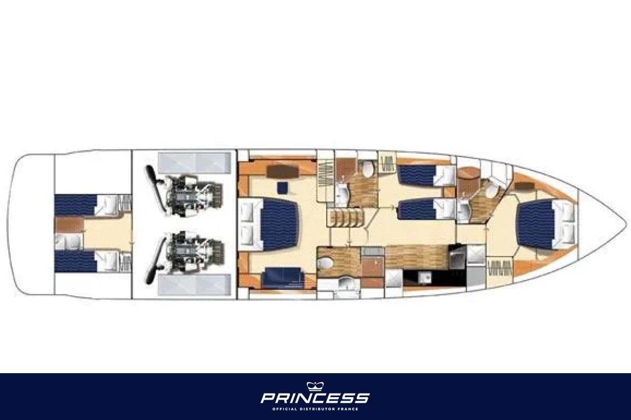 Floor plan of a 2006 Princess V70 yacht, showcasing interior layout and engine placement.