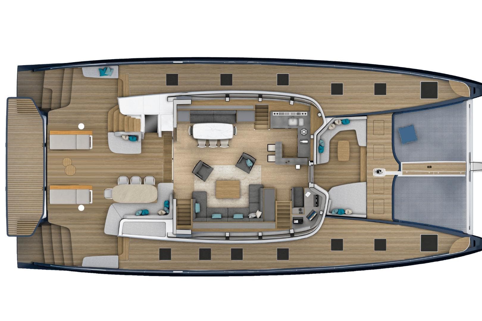 Top view of 2026 Lagoon Eighty 2 yacht interior layout, featuring spacious living areas.