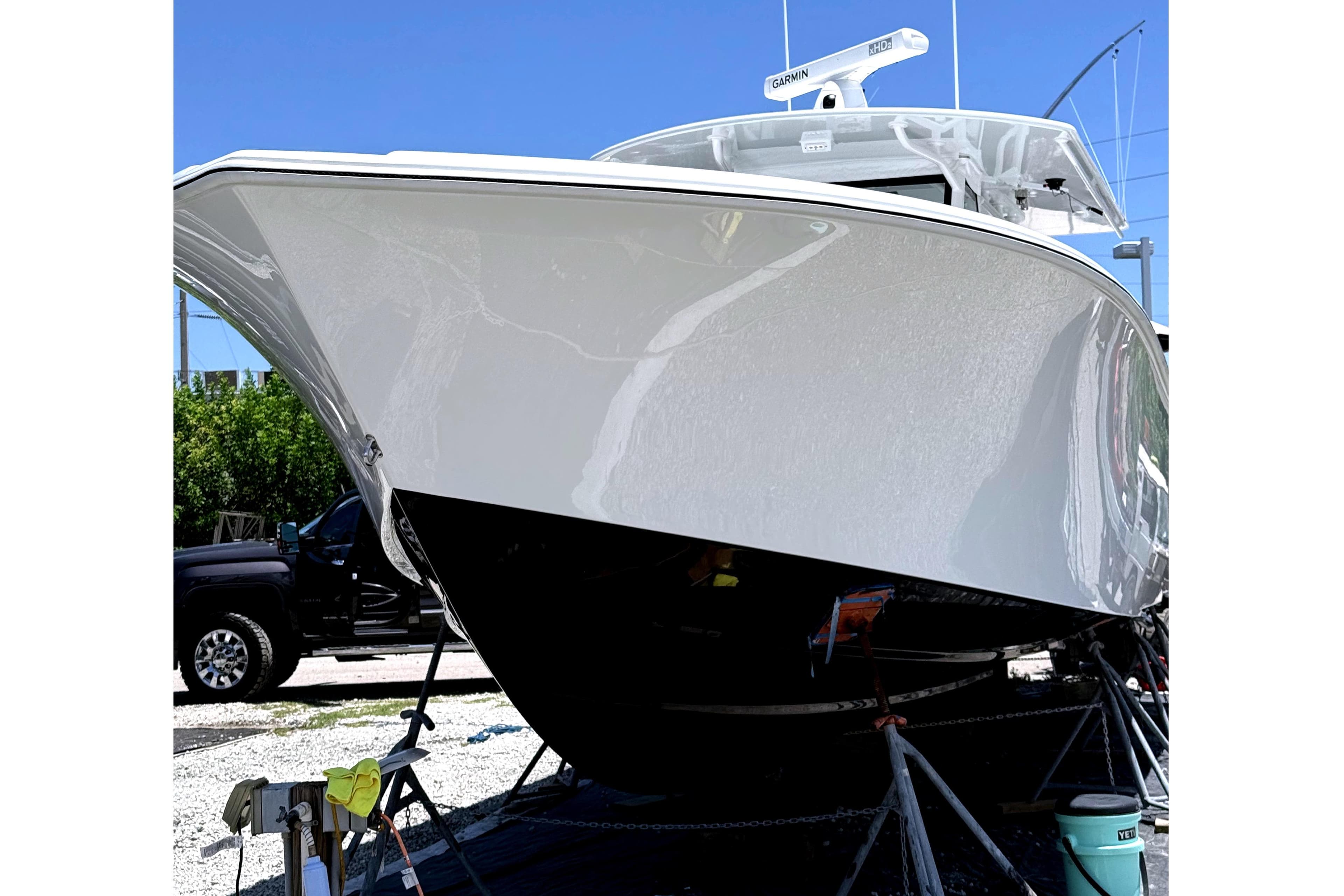2022 Yellowfin 39 Offshore boat on dry dock, showcasing sleek hull design.