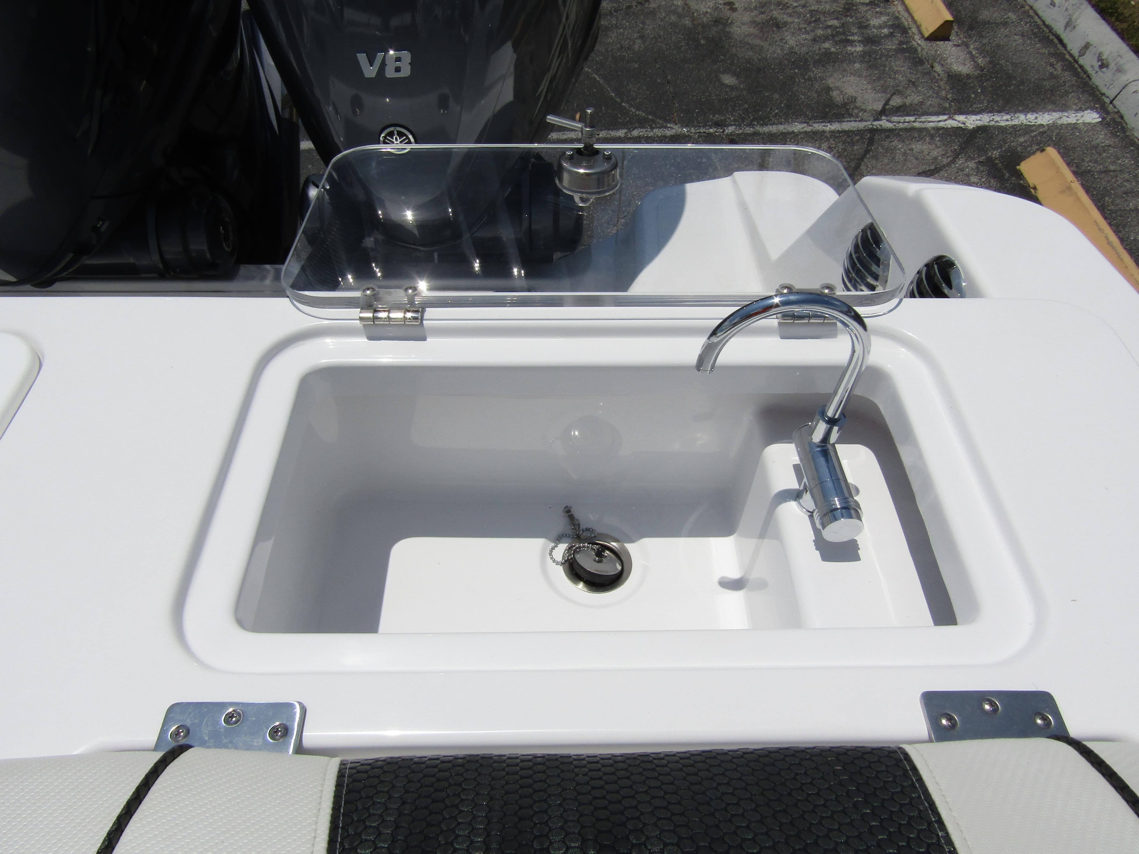 2024 Wellcraft 352 Fisherman boat sink and faucet setup.