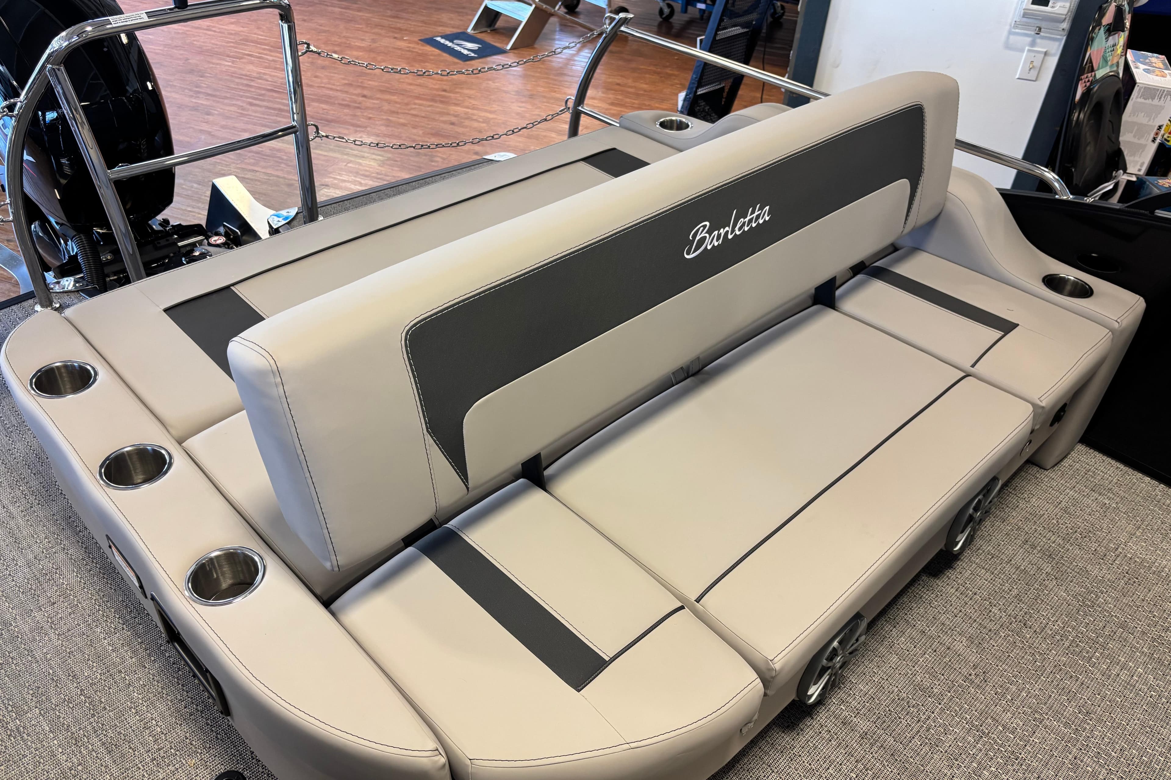 2026 Barletta ARIA 22UC boat seating with cup holders and sleek design.