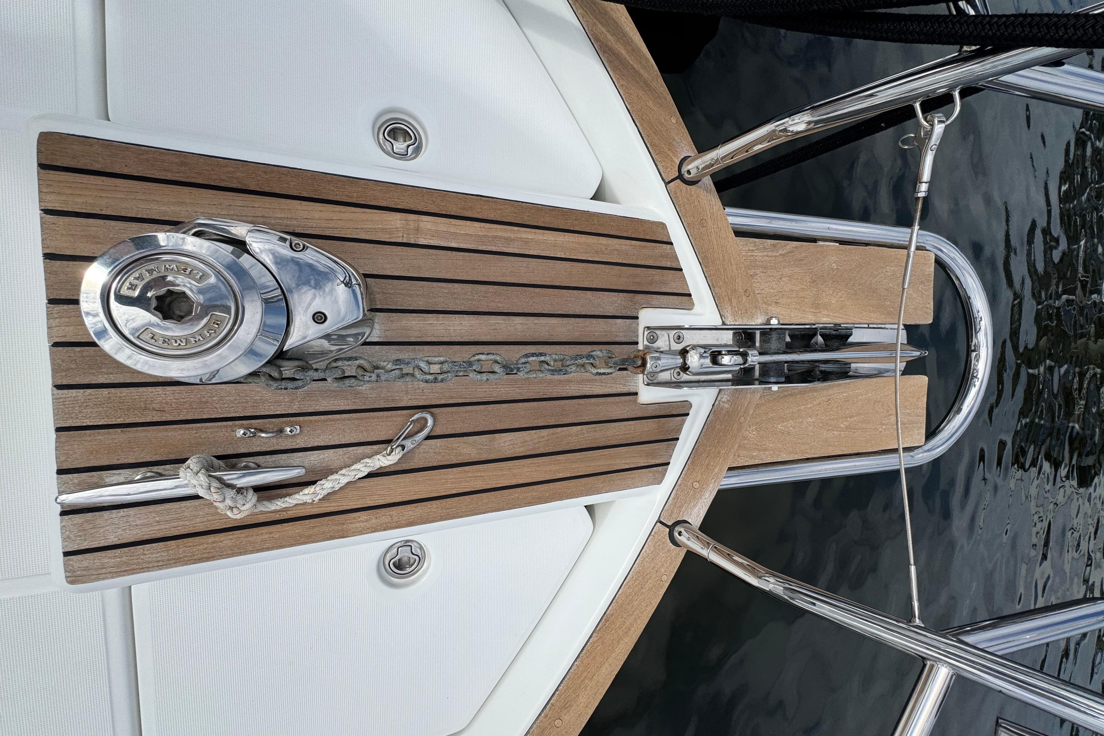 Anchor winch on 2014 Beneteau Swift Trawler 44 with teak deck detail.