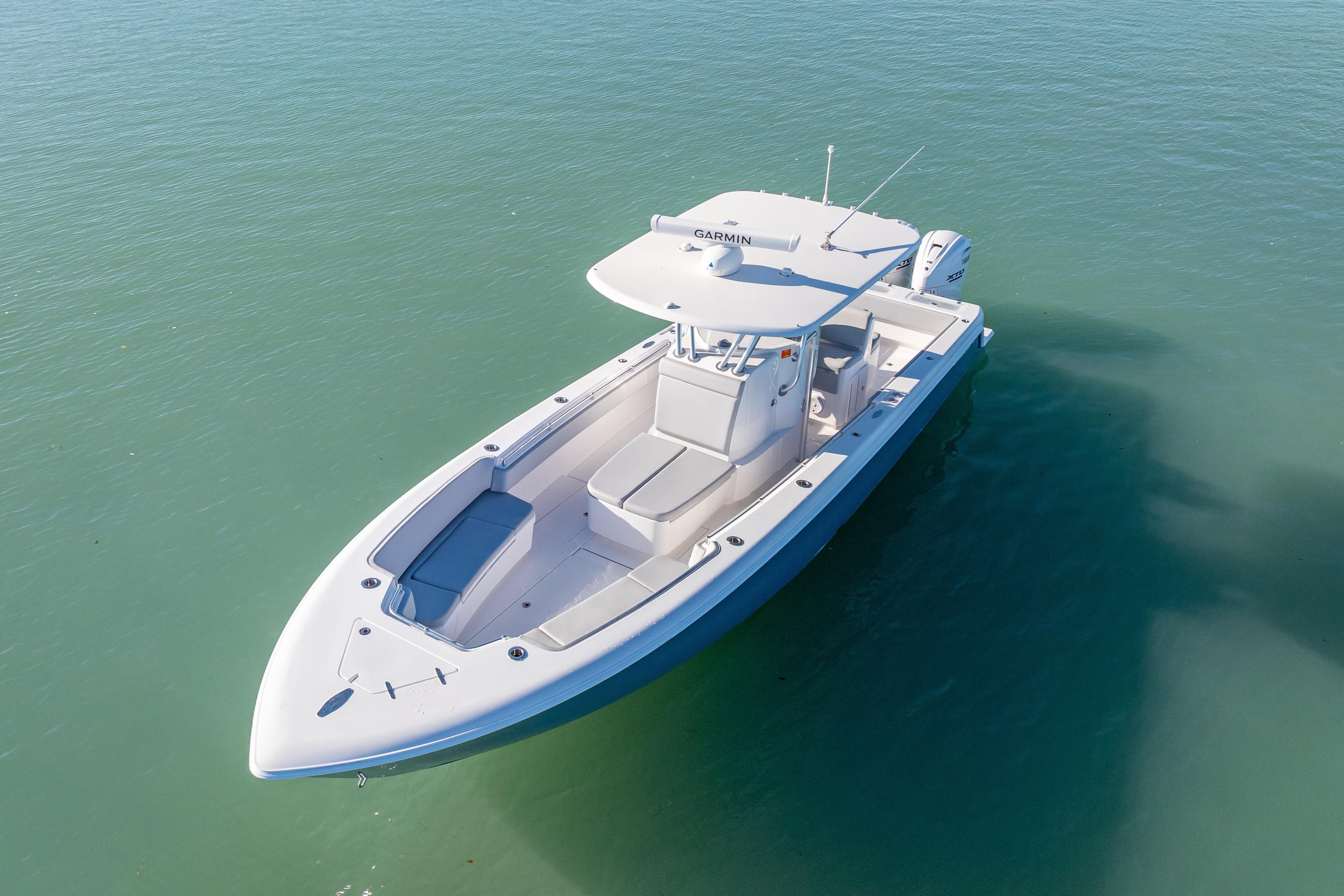 2026 Contender 35 ST boat on calm water, aerial view.