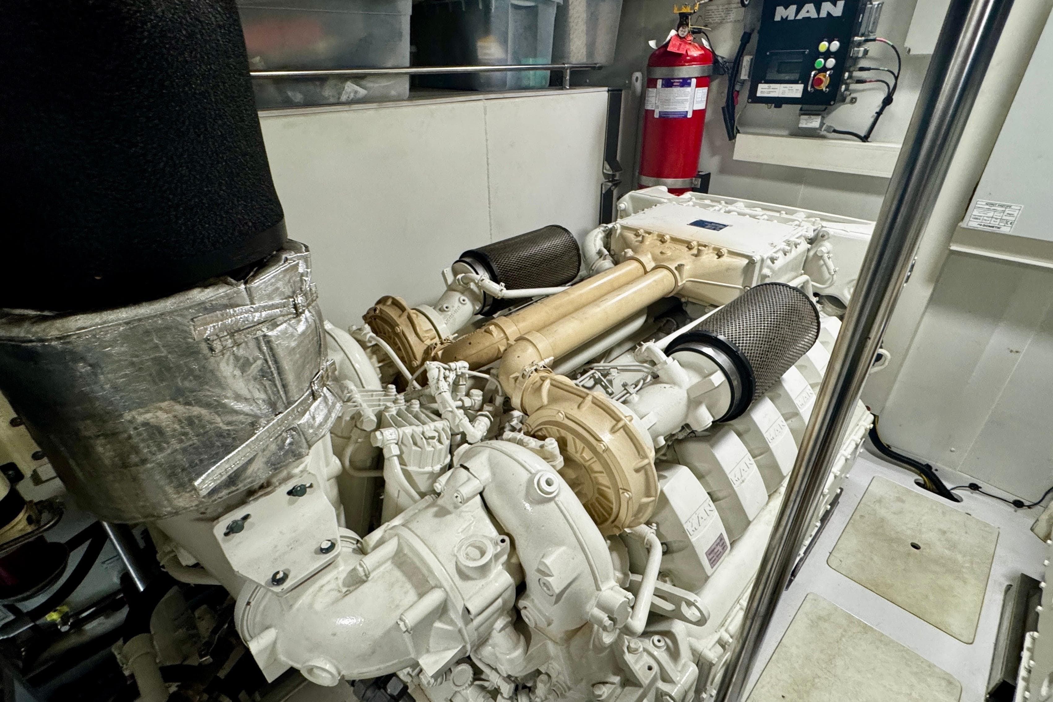 Engine room of a 2019 Azimut Fly 72 yacht, featuring a MAN engine.