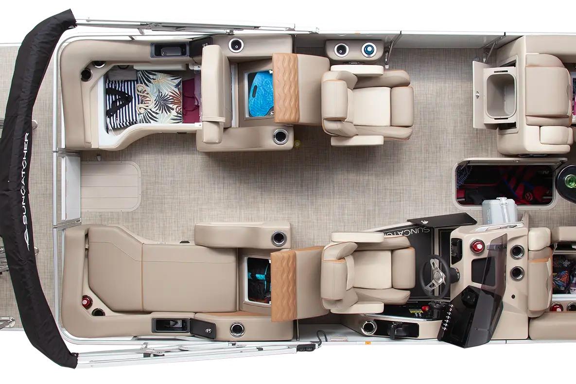 2026 SunCatcher Elite 322SR pontoon boat interior with luxurious seating and modern amenities.