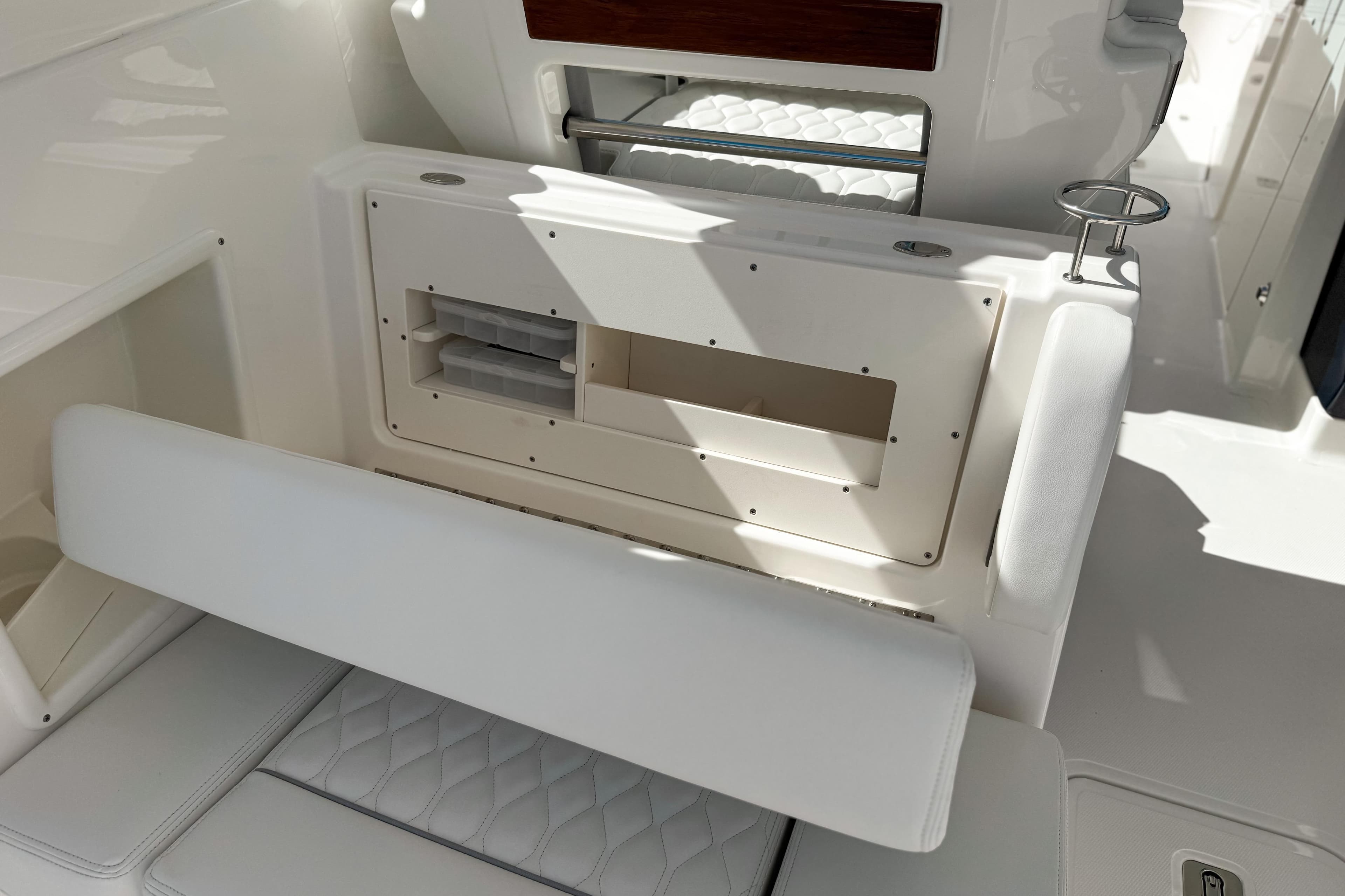 2026 Pursuit DC 306 Dual Console interior seating and storage detail.