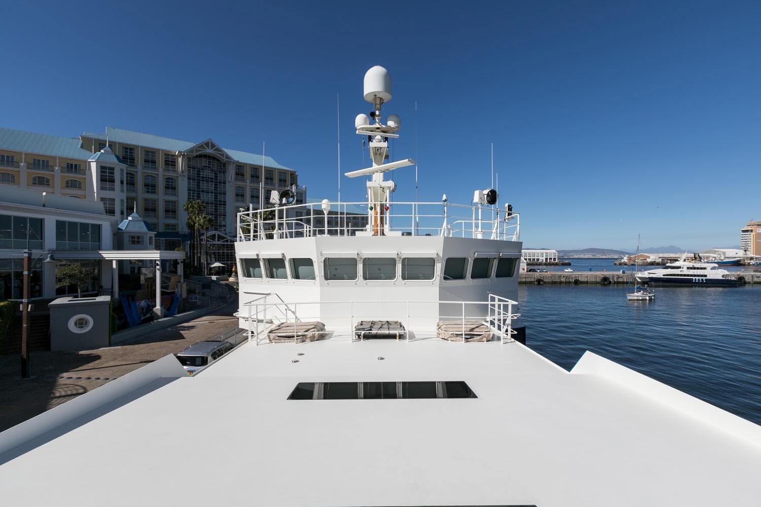 Custom Richards Shipbuilders Expedition yacht docked at a marina, 1987 model.