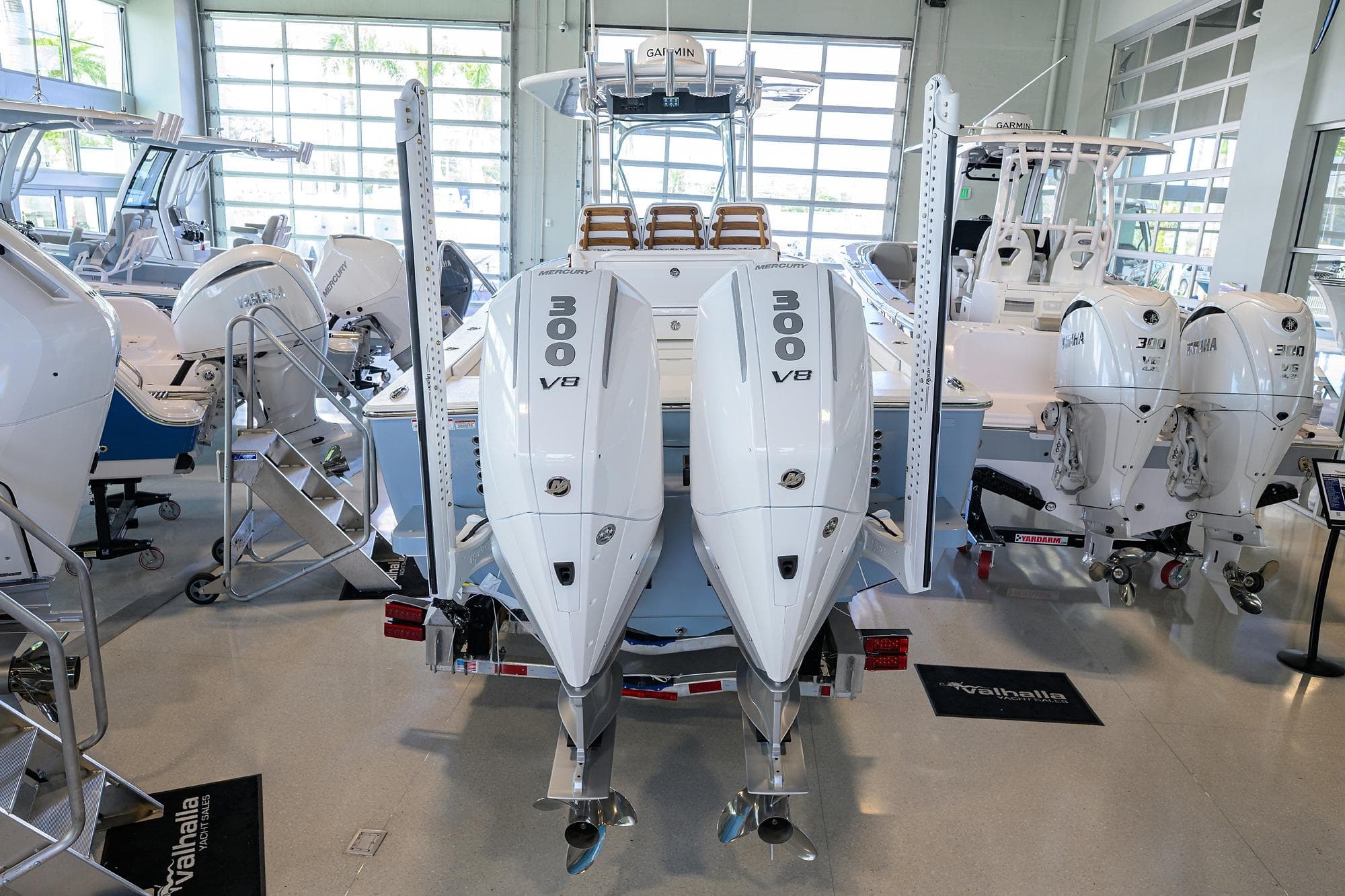 2026 Valhalla V-29 boat with dual 300 V8 engines in showroom.