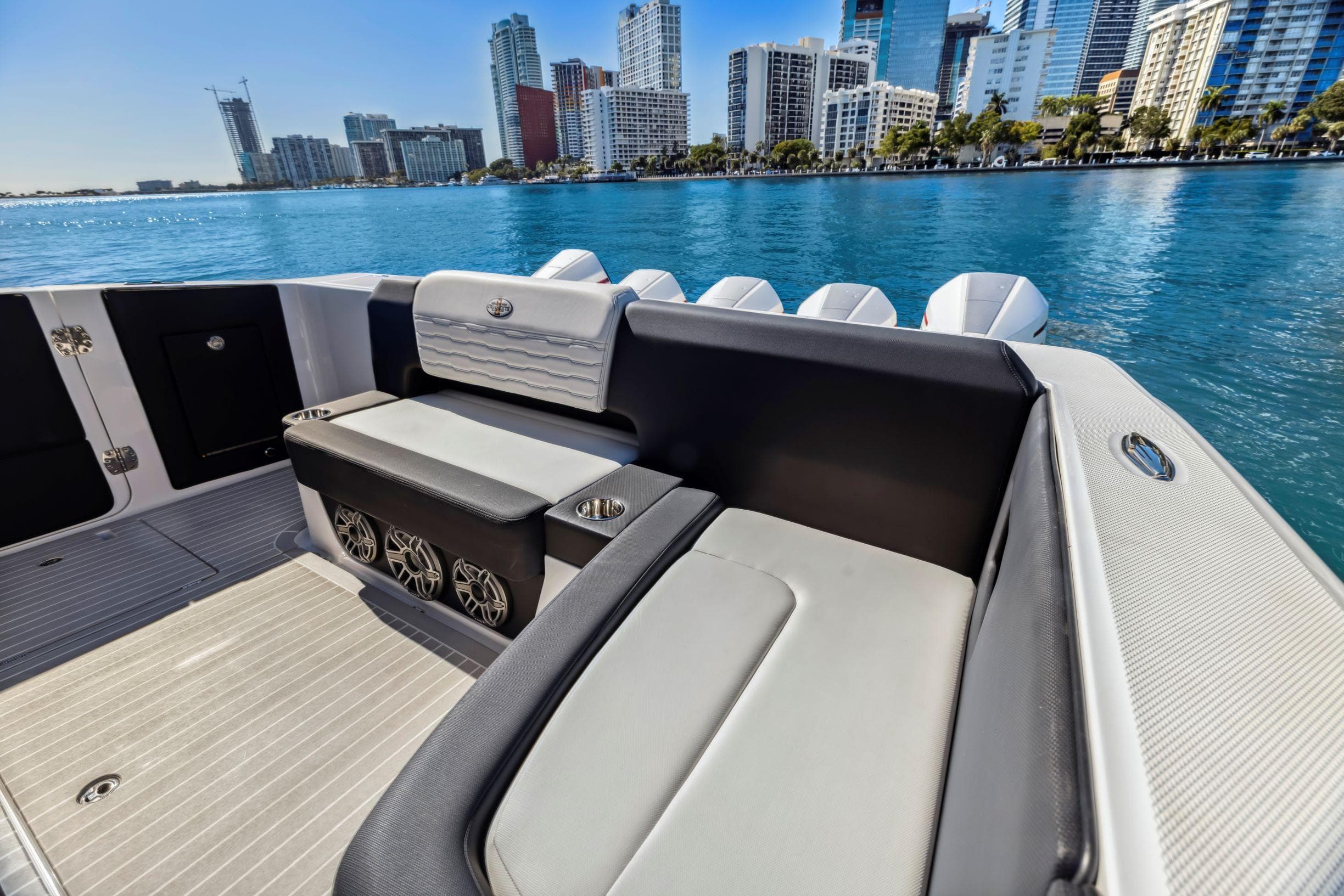2022 Cigarette 42 Auroris boat interior with city skyline in the background.