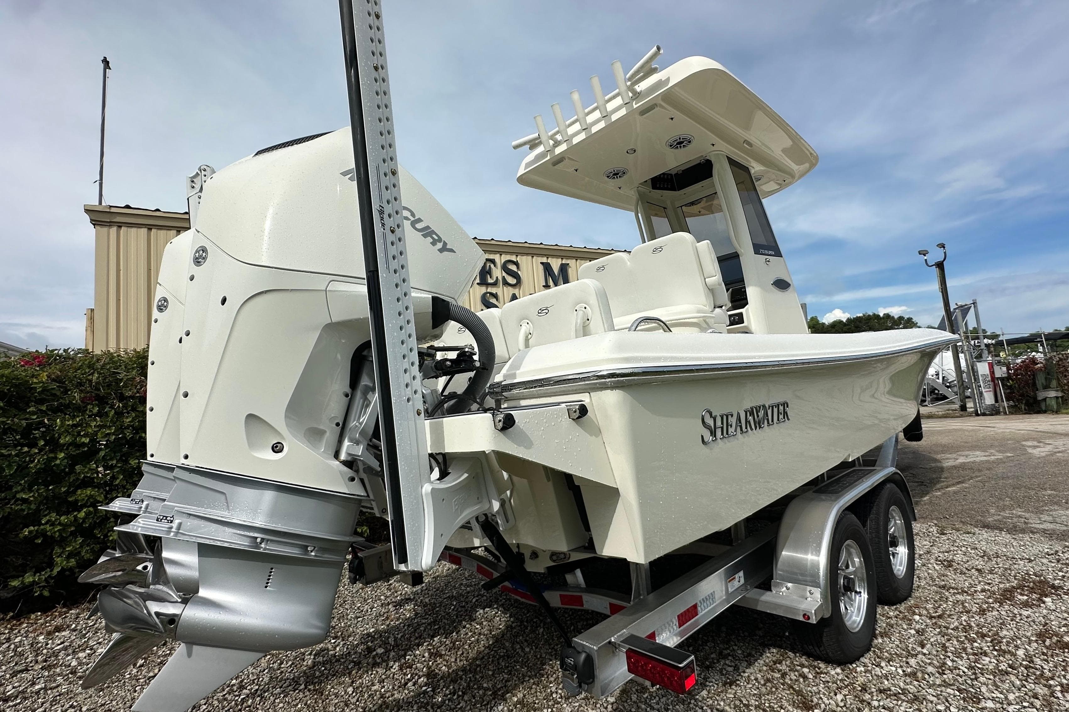 2026 ShearWater 270 SS Open boat on trailer, featuring powerful Mercury engine.