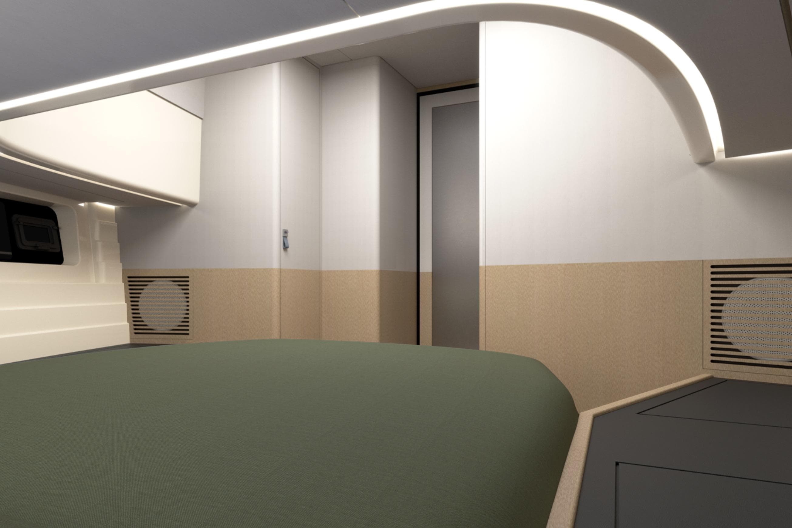 Modern interior of Aiata Sunfinder 50 yacht, 2026 model, featuring sleek design and ambient lighting.