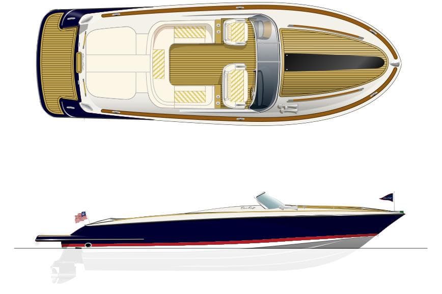Manufacturer Provided Image: 2015 Chris-Craft Corsair 32 boat, top and side view, luxury design.