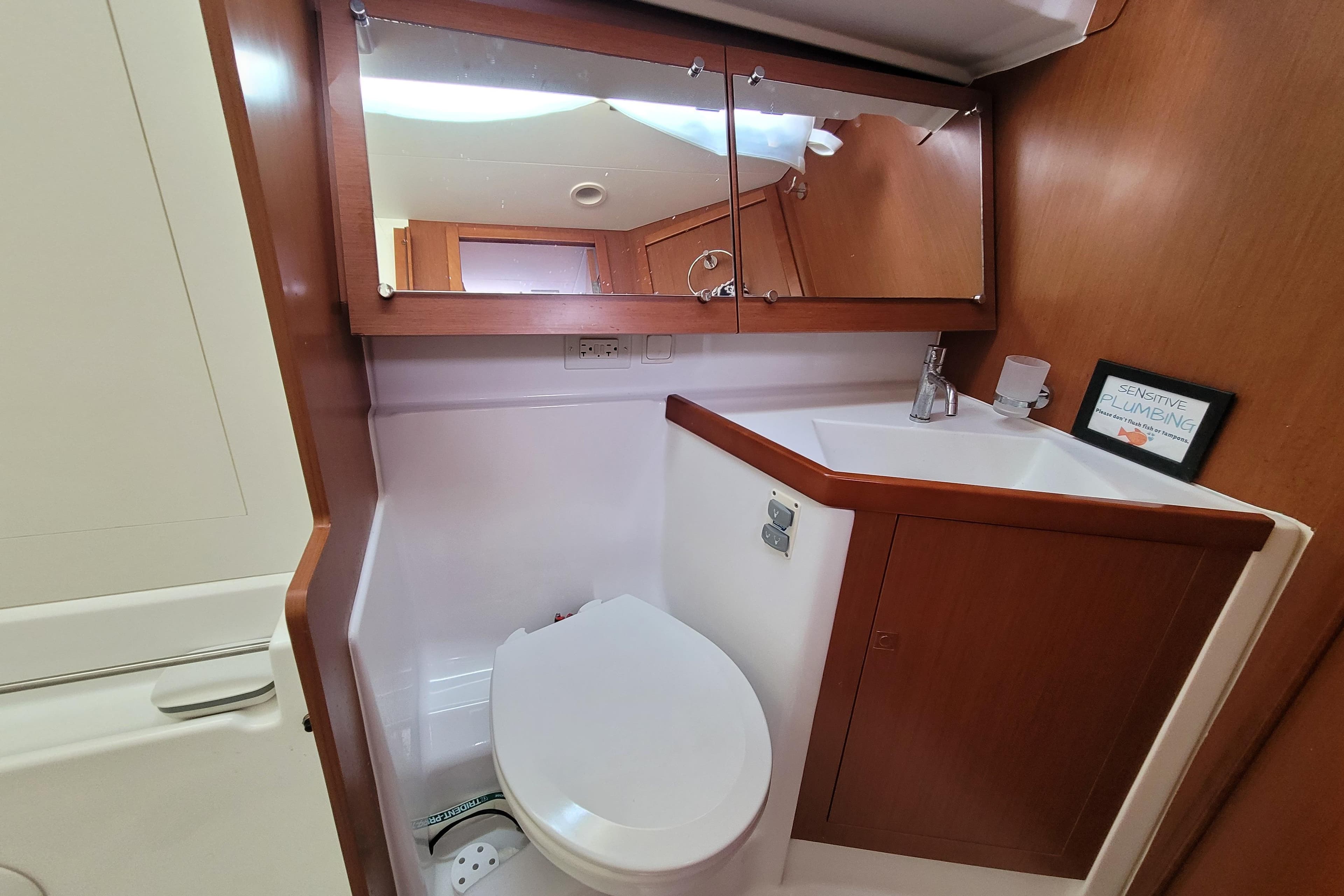 Bathroom interior of 2015 Beneteau Oceanis 45 yacht, featuring wooden cabinetry and modern fixtures.