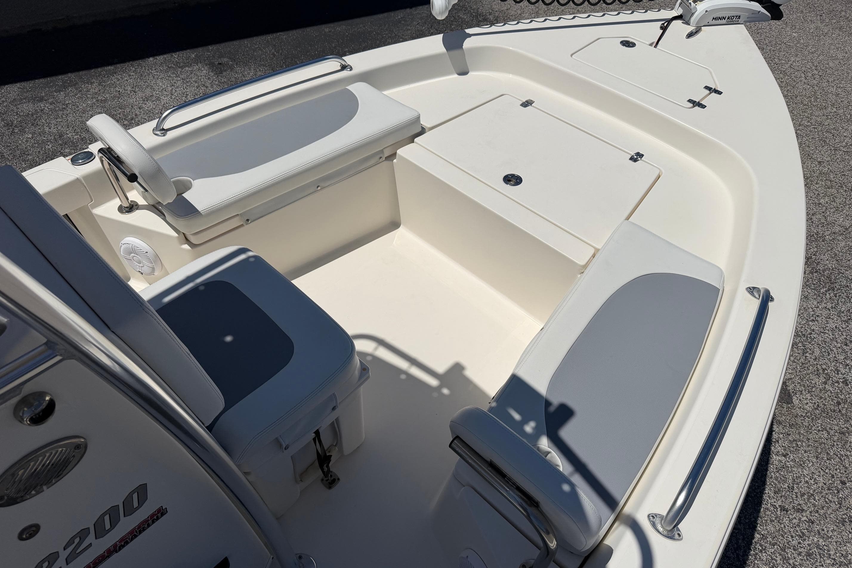 2021 Pathfinder 2200 TRS boat interior with seating and storage compartments.