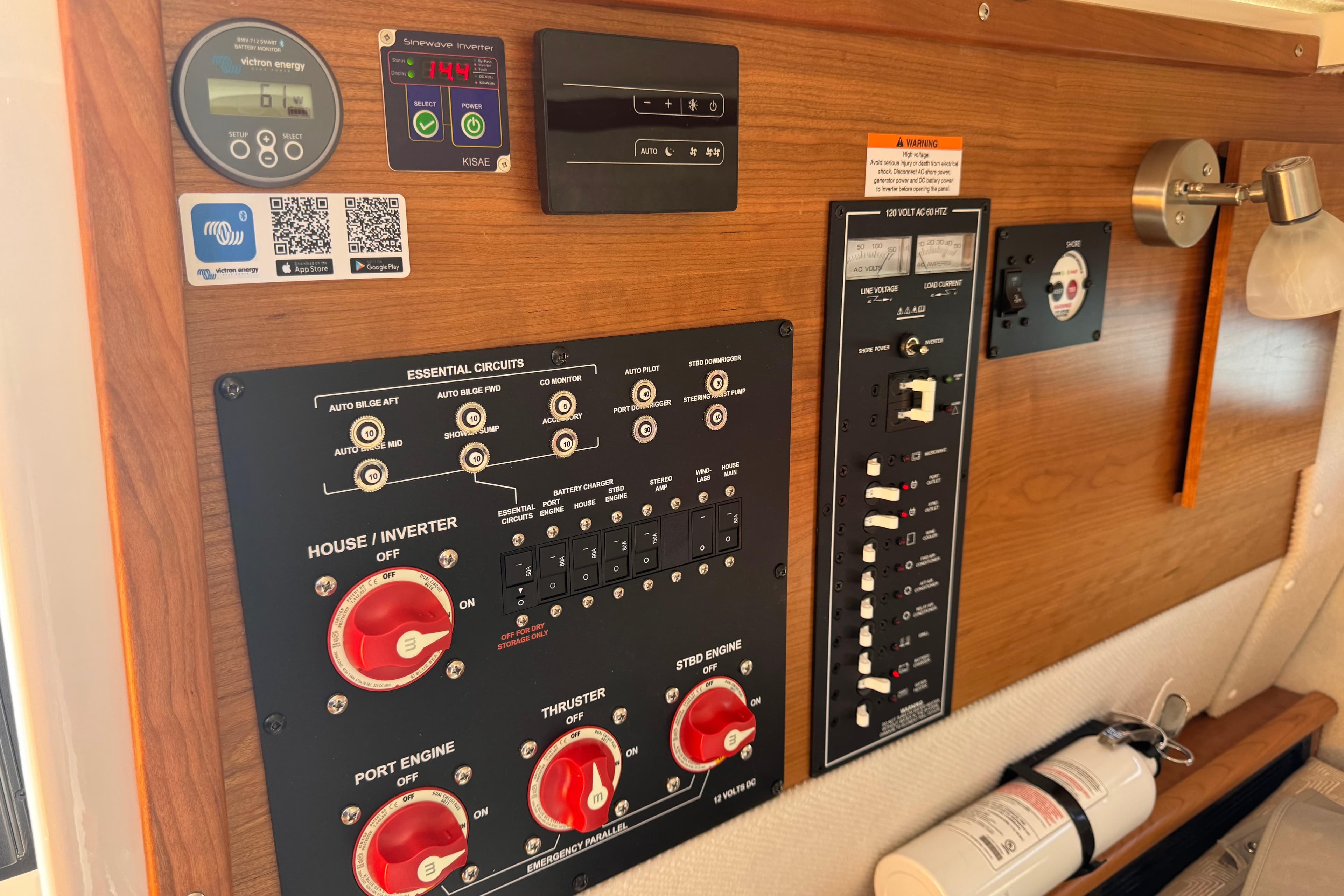 Control panel of 2026 Cutwater C-288 CB boat with essential circuits and switches.