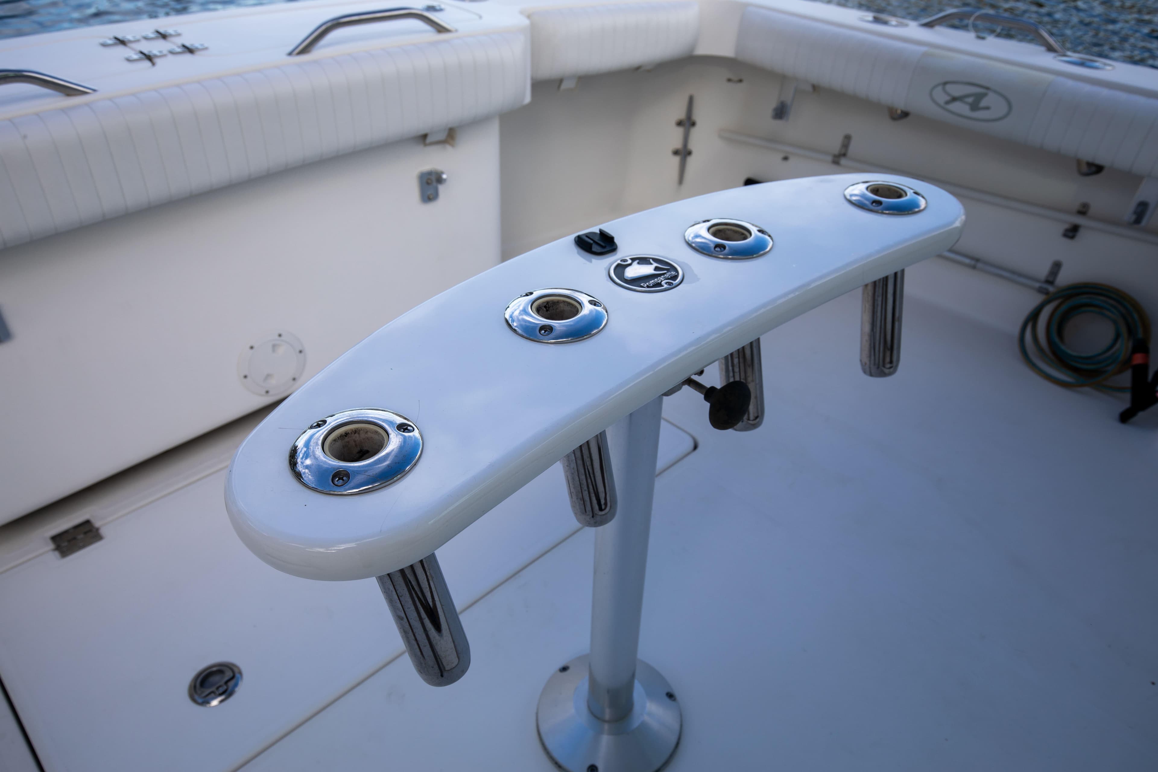 2015 Albemarle 360 Express Fisherman cockpit with rod holders and storage.