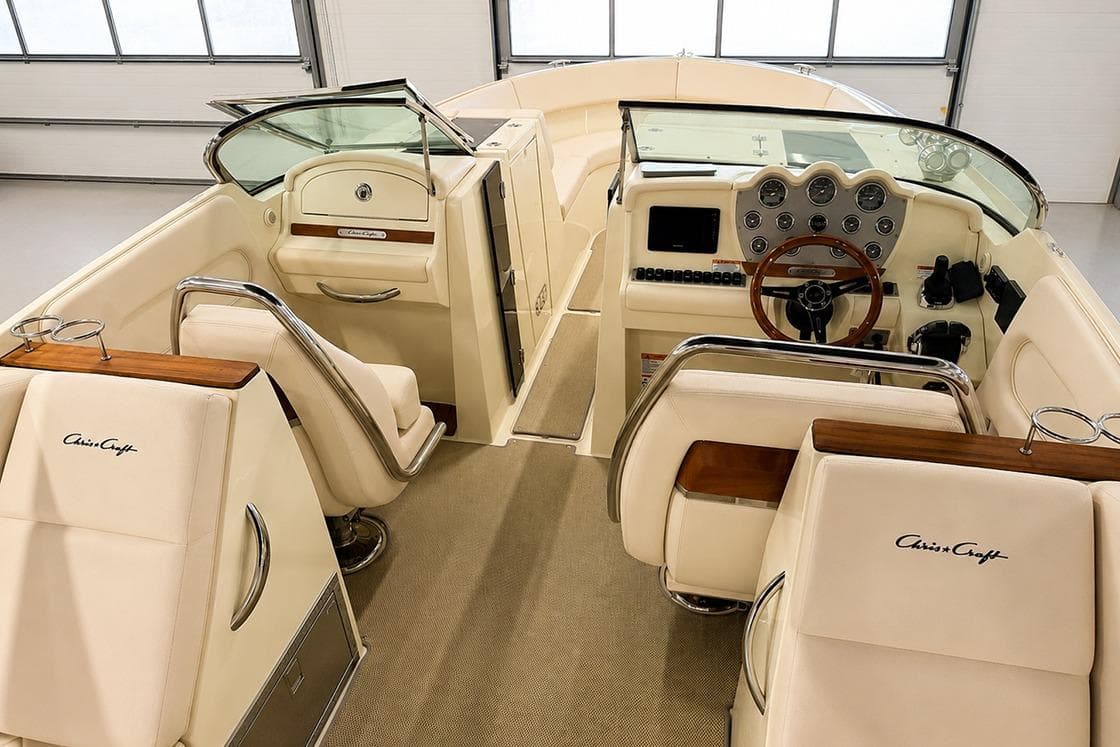 2018 Chris-Craft Launch 34 boat interior with elegant seating and classic dashboard design.